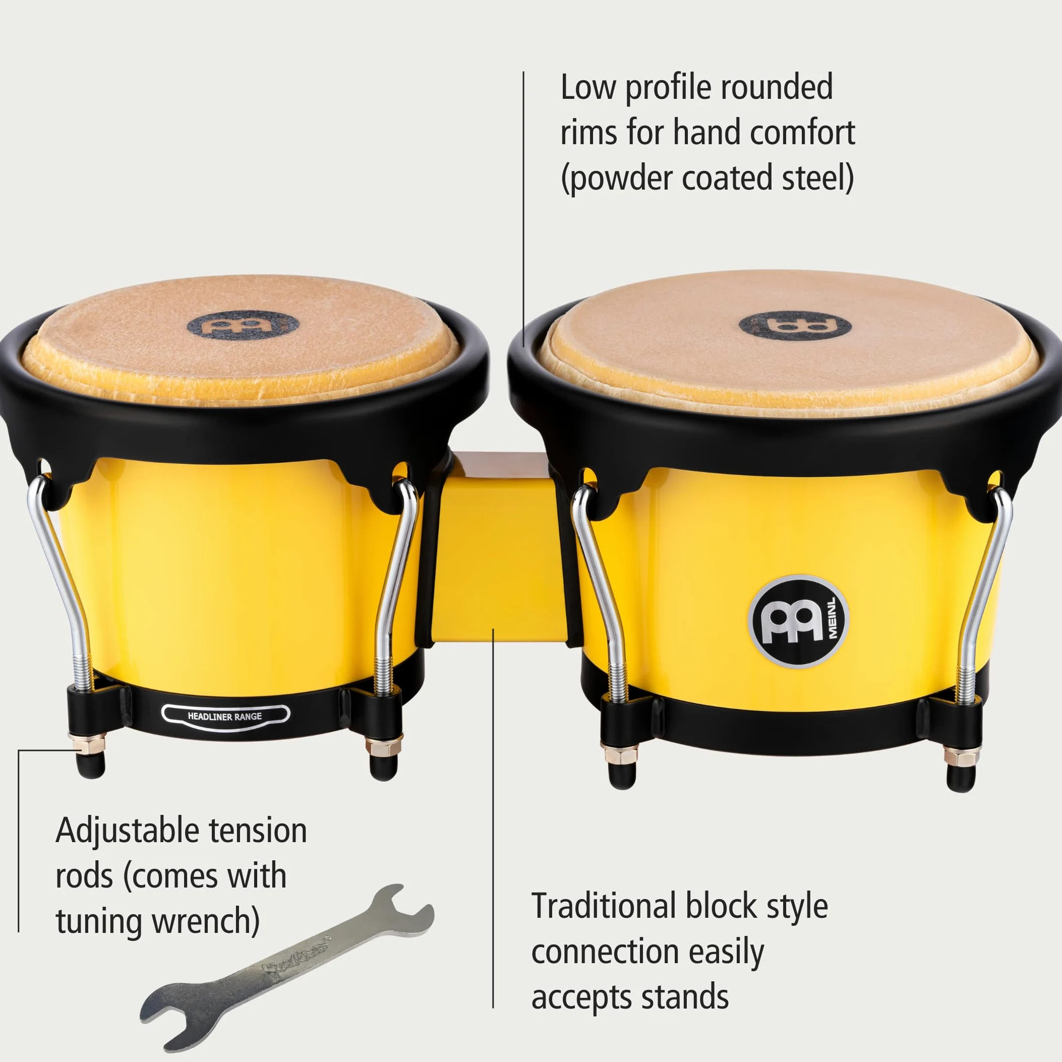 Meinl Percussion Bongos Journey Series - 2 Tamburi a Mano da 6.5 e 7.5 Pollici - Chiave Accordatura Inclusa - Plastica ABS, Yellow (HB50IY)