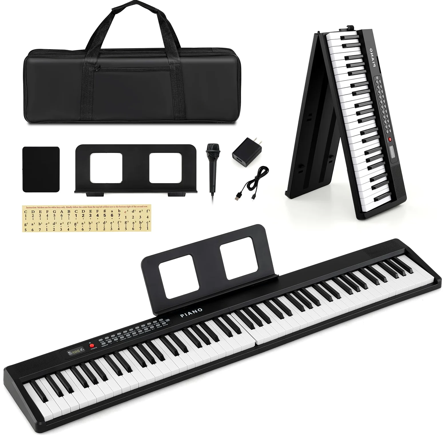 KOMFOTTEU Pianoforte Digitale 88 Tasti Pieghevole con Borsa e Microfono | Tastiera Elettronica con 1000 Suoni, 1000 Ritmi e 150 Canzoni Demo, Facile da Trasportare, Nero