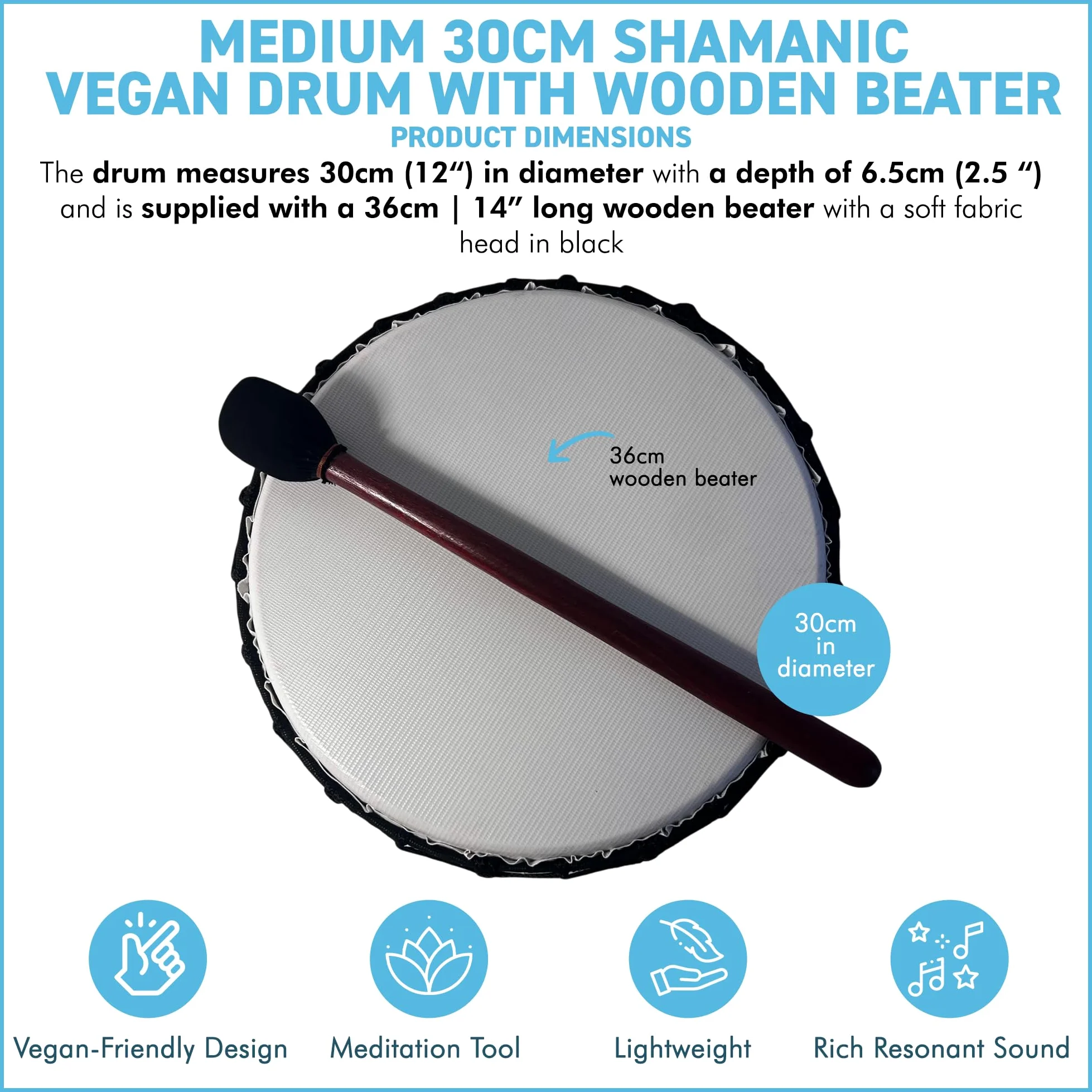 Tamburo sciamanico vegano medio 30 cm con battitore in legno, strumento a percussione con suono profondo risonante