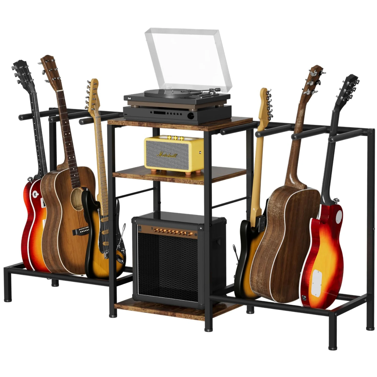 Supporto per chitarra per 6 chitarre, regolabile, con protezione imbottita morbida per chitarra acustica, elettrica, basso e ukulele, espositore per chitarra con 3 ripiani per amplificatori e