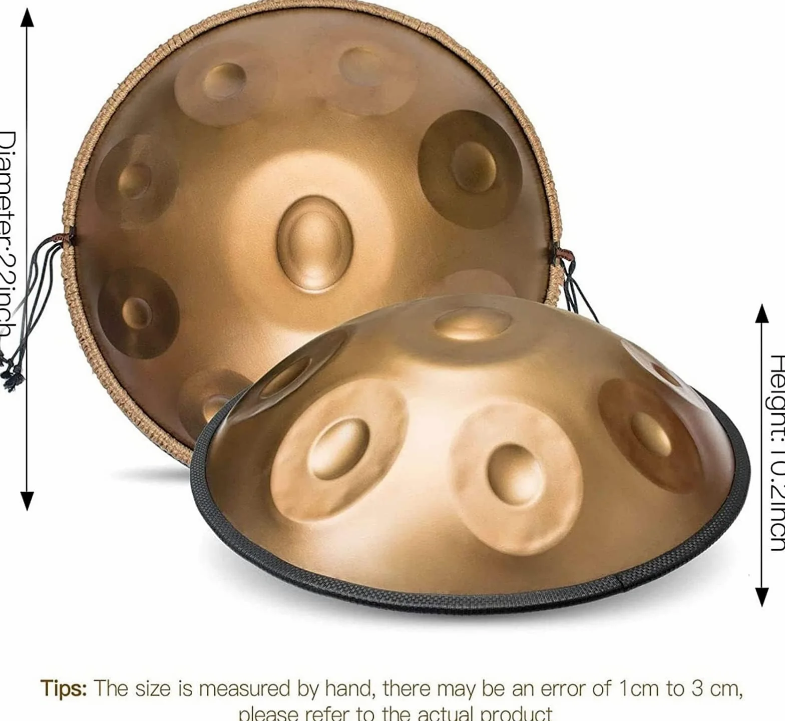 Tamburo in acciaio 432 Hz 9 note 22 pollici "Gold Performer" in re minore con supporto Handpan e custodia