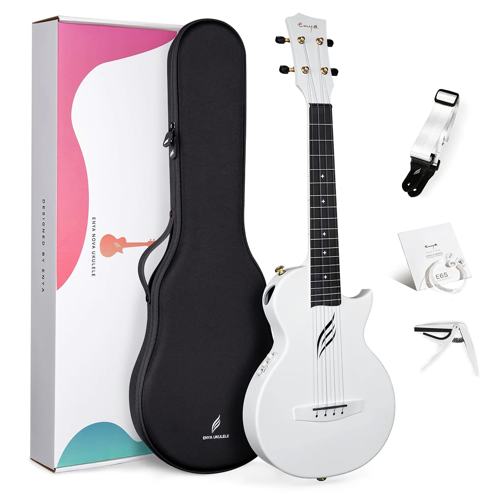 Enya NOVA UE Ukulele Principianti - Bambini Adulti Ukulele Set 26" Ukulele Elettrico Acustico Cutaway Bianco con Acousticplus Cinghie Custodia Corde Capo per Scuola Viaggi Campeggio Regali Festival