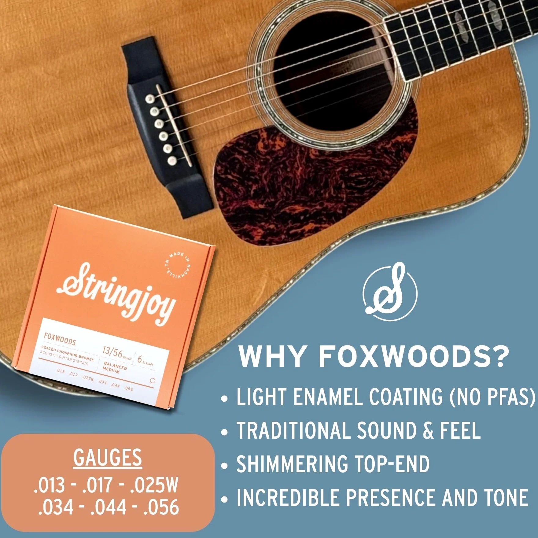 Stringjoy Corde per chitarra acustica bilanciate extra leggere rivestite in bronzo fosforoso 13-56, FW1356, tono e qualità del suono di lunga durata, set di 6 corde acustiche, confezione da 2