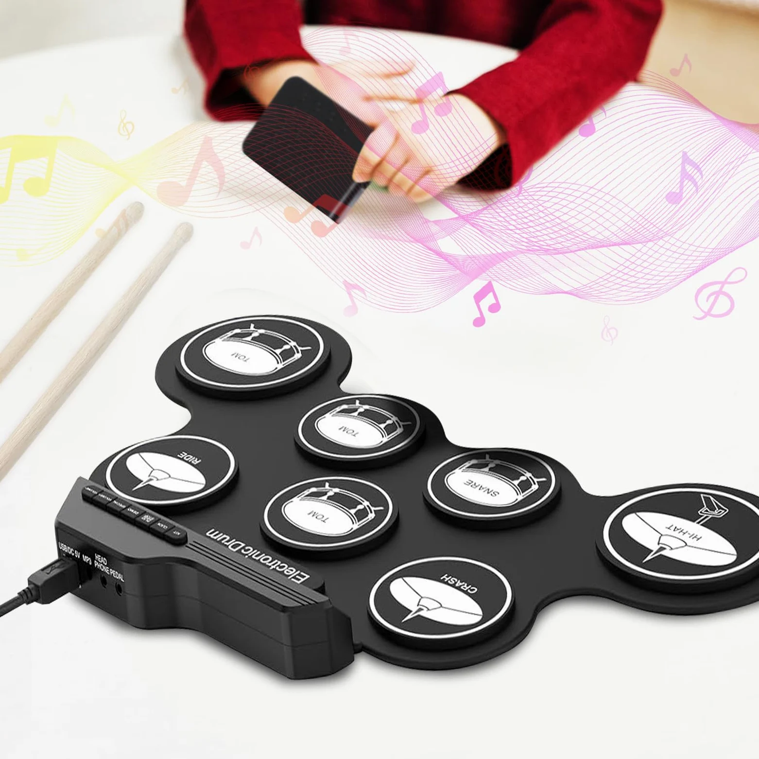Zerodeko Batteria Elettronica Portatile in Silicone e Abs per Principianti Kit Digitale Silenzioso Pad per Pratica e Design Arrotolabile Facile da Trasportare