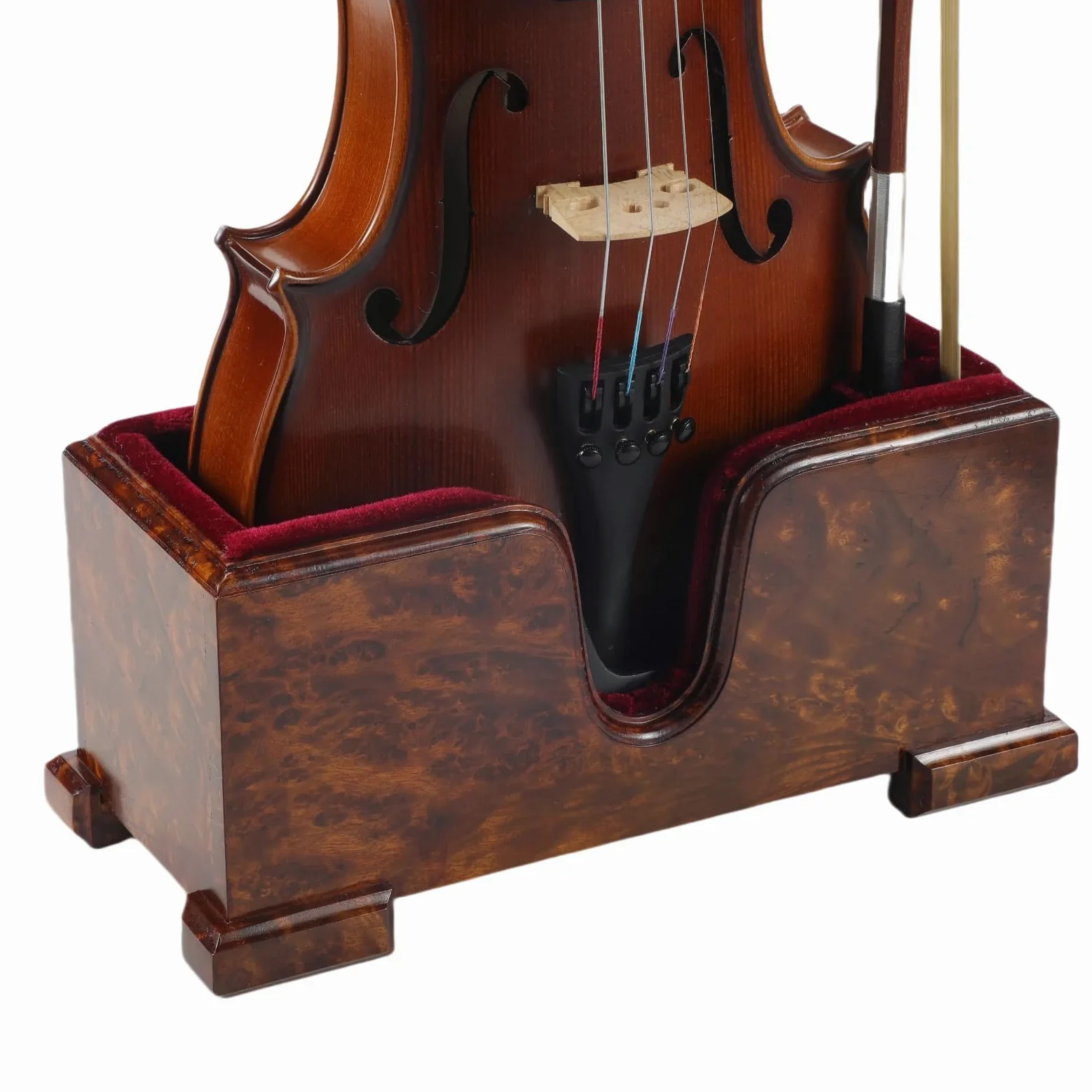 Supporto per violino e archetto (supporto), supporto per violino in legno con protezione in velluto, estetica stabile ed elegante (legno di radica + velluto rosso)