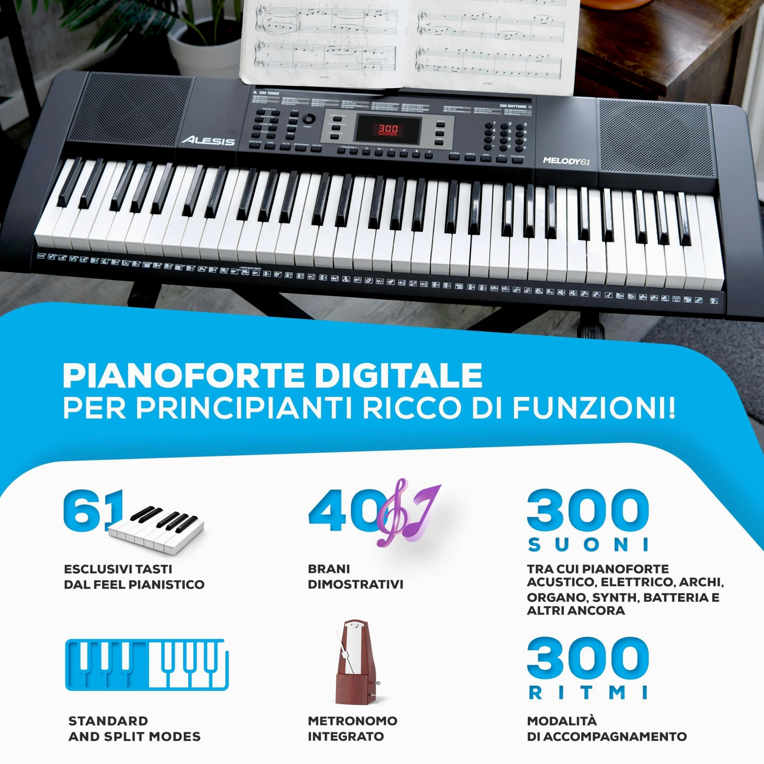 Alesis Melody 61 - Pianola Tastiera per Principianti con Diffusori, Supporto, Sgabello, Cuffie, Microfono, Leggio, 300 Suoni, Lezioni Musicali