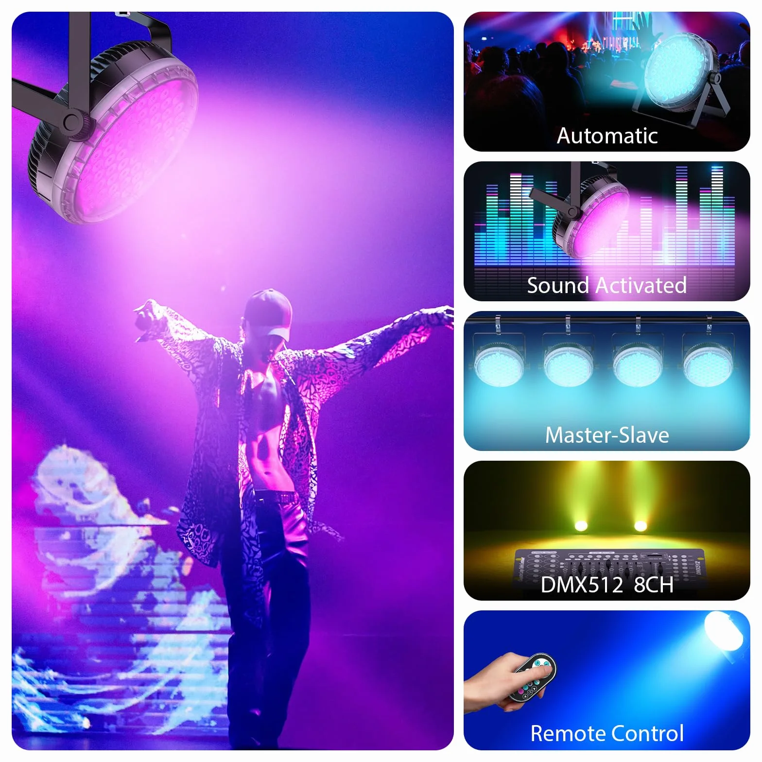2 pezzi Par LED 120 W, luci da palco led, con telecomando, luci dj professionali RGBW 4 in 1, effetto arcobaleno, 8CH/DMX512/strobo discoteca, per feste, matrimoni, bar, club, decorazione