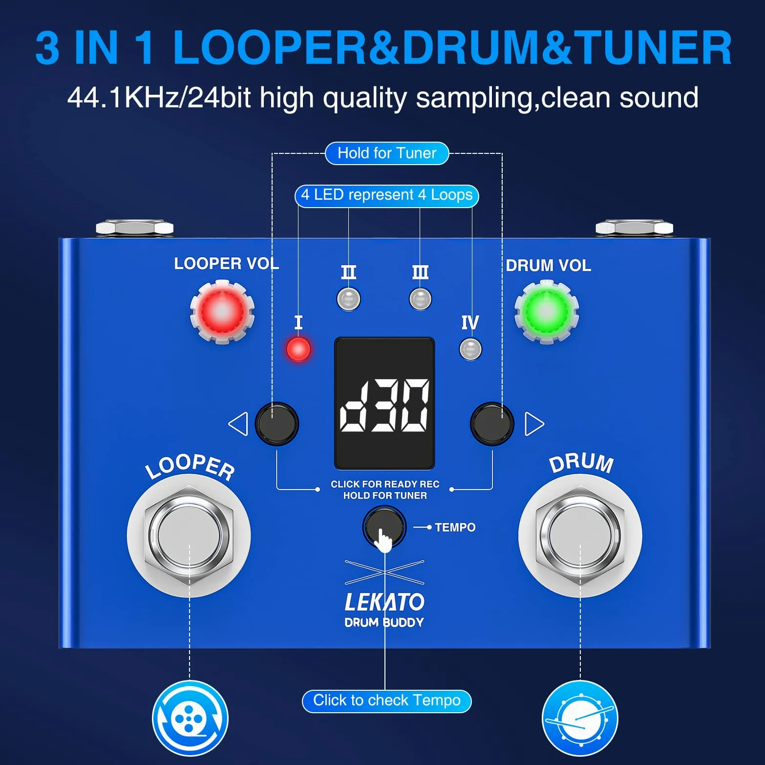 LEKATO Drum Looper Pedal con Tuner, 4 Loops 11 Minutes Loop Pedal con Drum Machine 30 Drums con App per personalizzare modificare e salvare il groove di batteria per chitarra elettrica e basso