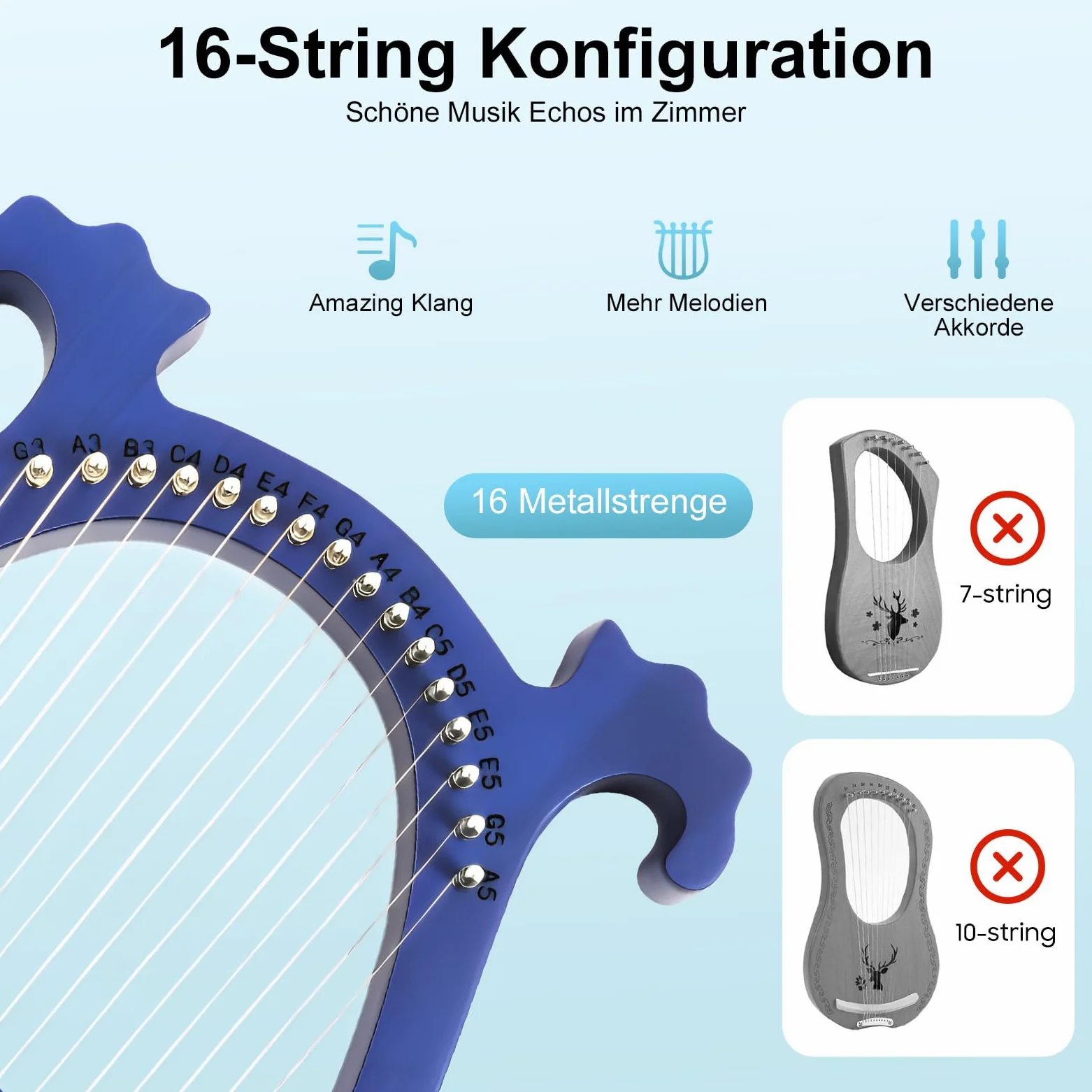 Lyre Arpa Strumento Piccola Arpa Lira 16 Corde, Lira Arpa Mogano 16 Corde con chiave a accordo, Eccellente qualità del suono, ideale per bambini e principianti.
