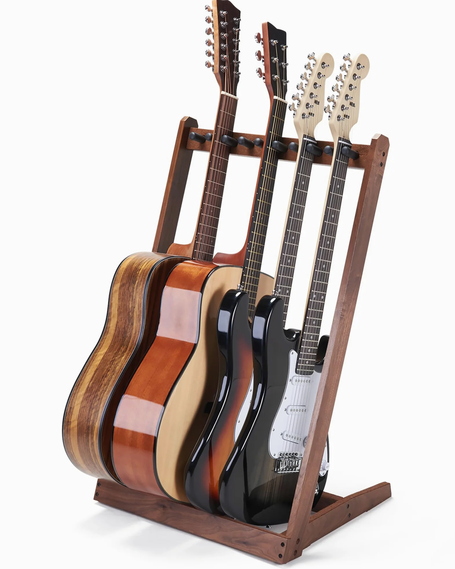 Supporto per chitarra multipla in legno duro (3 chitarre acustiche, 5 elettriche o basse), 5 supporti per chitarra da uomo, pieghevole, da pavimento, per studio e casa