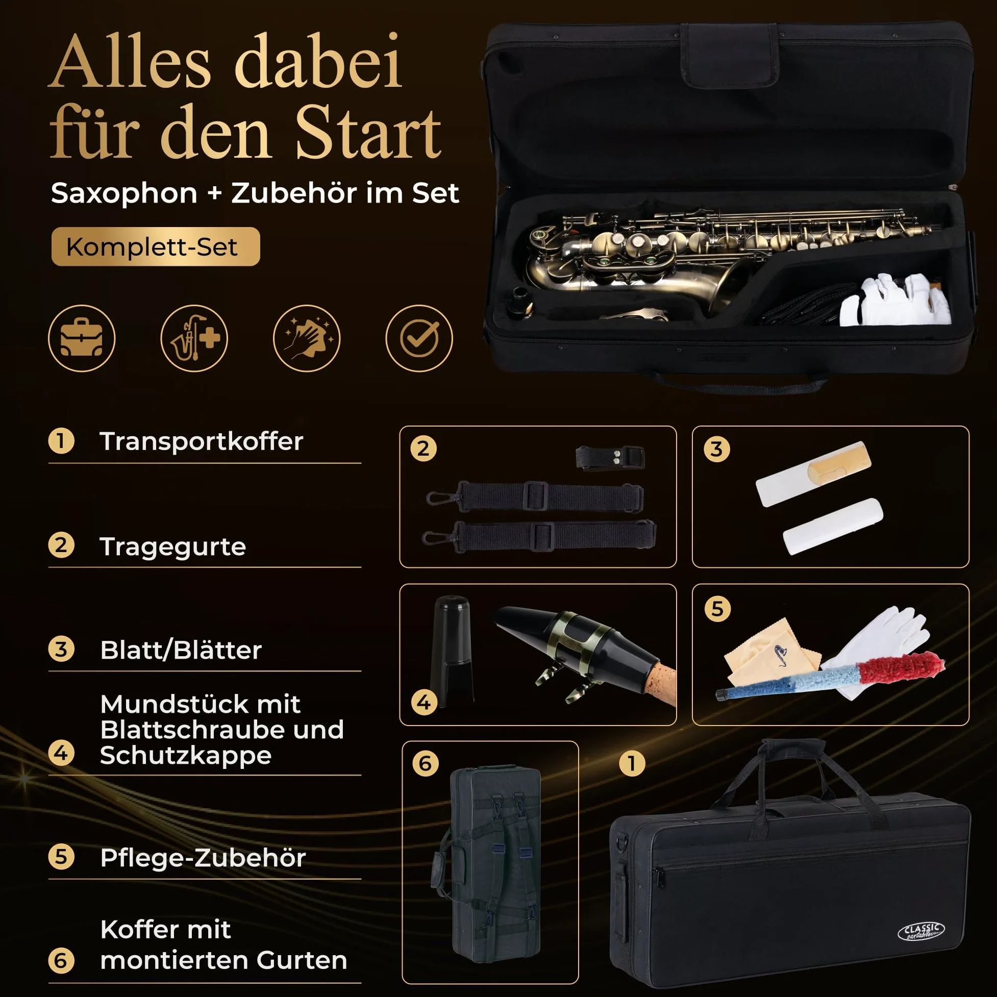 Classic Cantabile AS-450 Antique Yellow Eb Set Sassofono Alto, Peso: 2 | Sassofono alto in ottone, Finitura vintage Antique Yellow, Chiave Fa# alta, Suono pieno e caldo, Risposta rapida, 4 kg, Ance