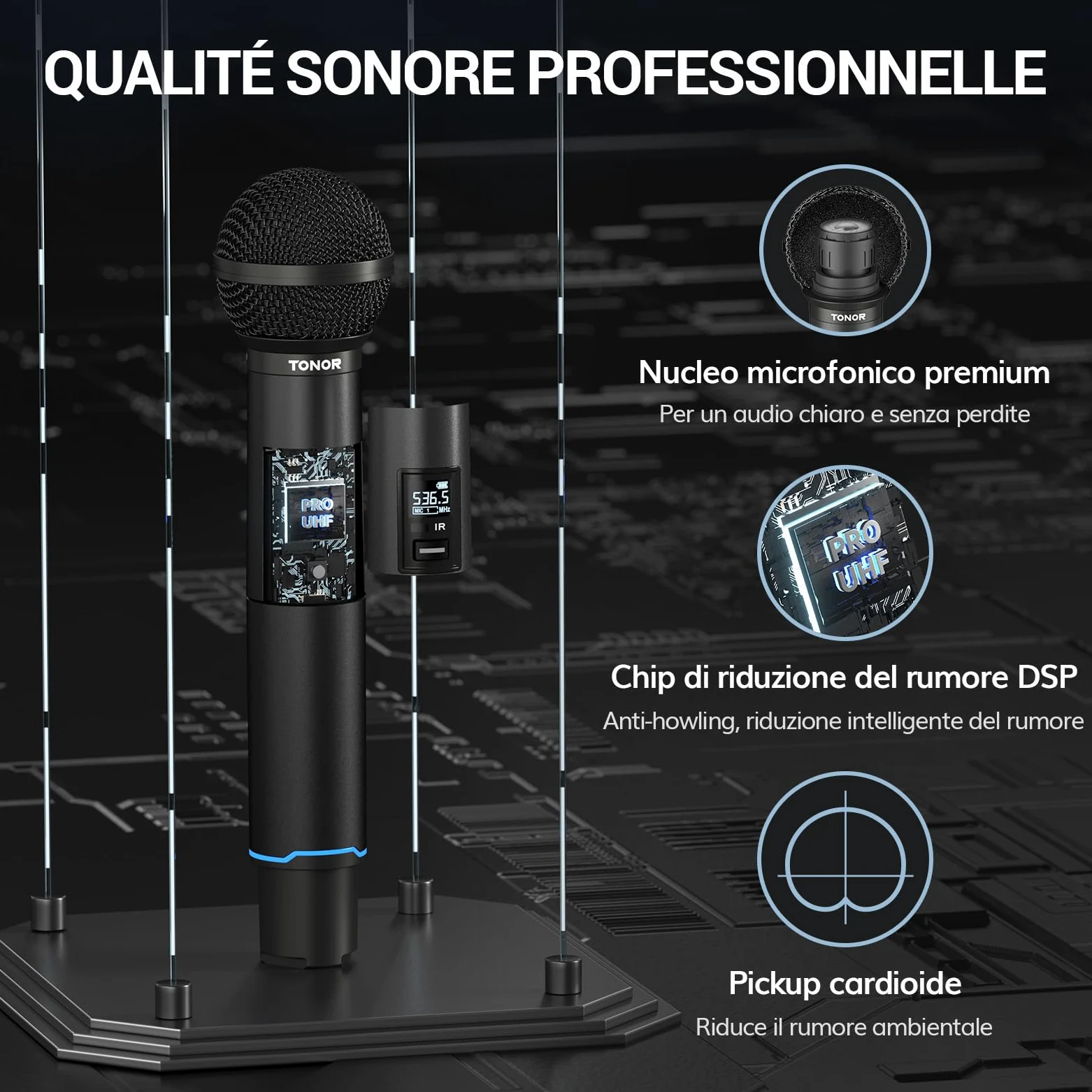 TONOR sistema microfono wireless, microfono ricaricabile professionale, microfono dinamico cordless in metallo 2x100 UHF per karaoke, chiesa, canto, matrimonio, riunione, DJ, Auto Scan, 100M, TW750
