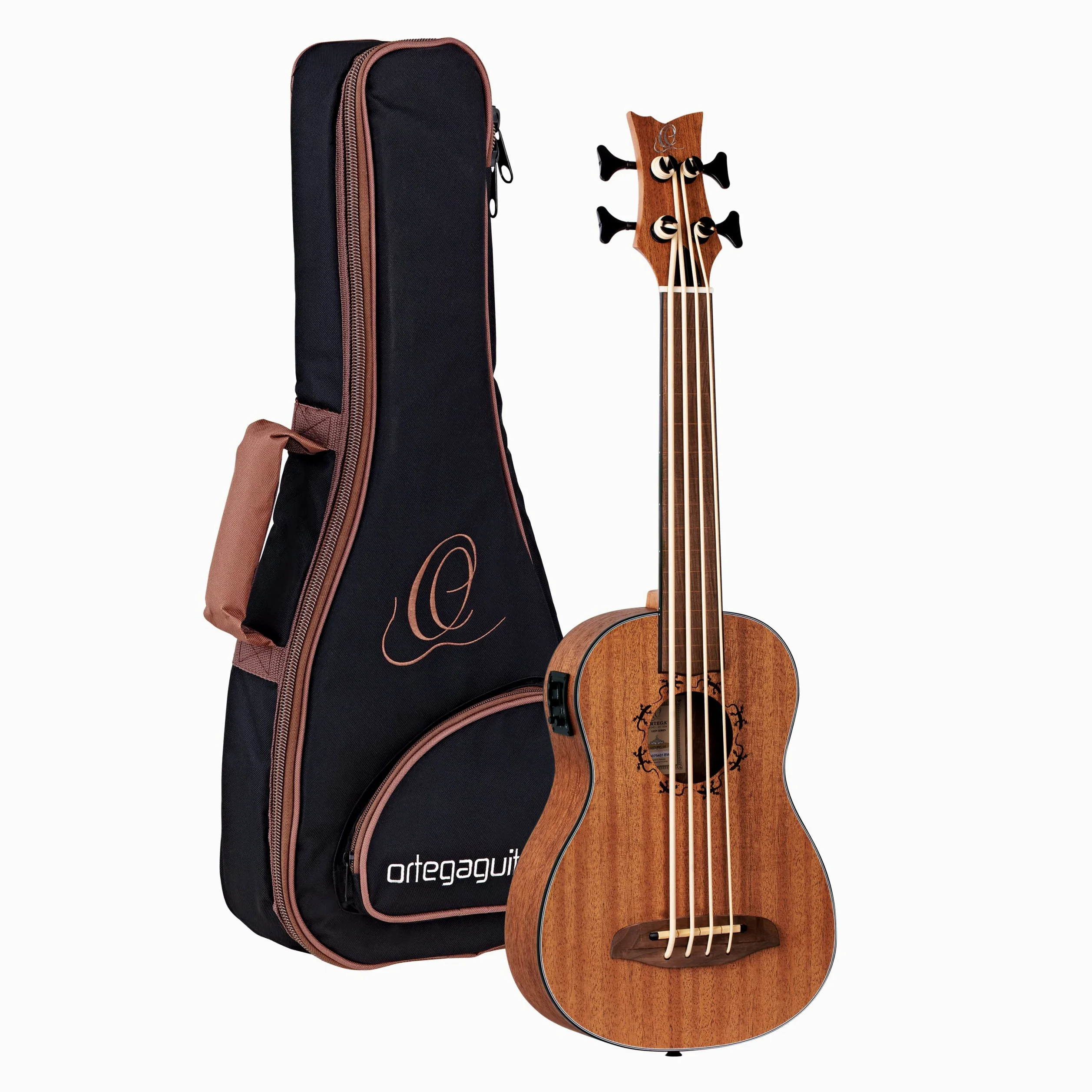 Ortega Guitars Travel Bass elettro-acustico - fretless - Serie Lizard - Ukulele Basso - include Gigbag - Mogano (LIZZY-BSFL-GB)