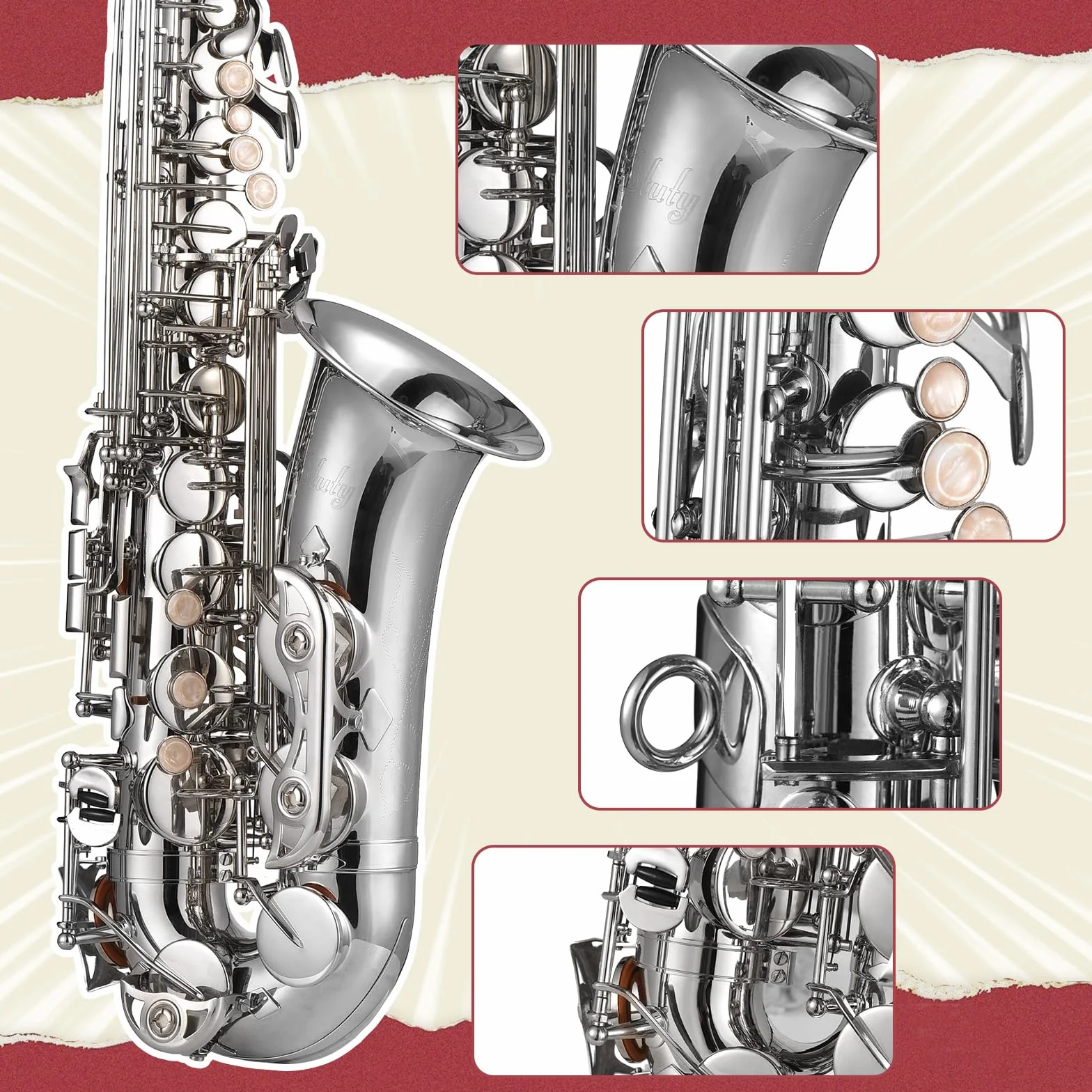 Btuty Eb Sassofono Alto Ottone E Flat Sax 802 Tipo Chiave Strumento a Vento in Legno Zeppe chiavi sax Sax Key Props per Alto con Barra di Pulizia Guanti in Tessuto Cinghia Imbottita