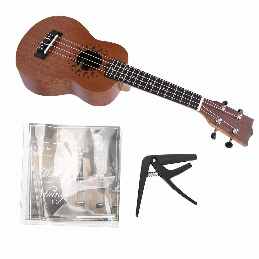 Ukulele Acustico da 21 Pollici, Set di Ukulele per Principianti Sapele con 1 Set di Corde e Capotasto, Strumento Musicale per Chitarra Hawaii a 4 Corde per Adulti Adolescenti(Girasole)
