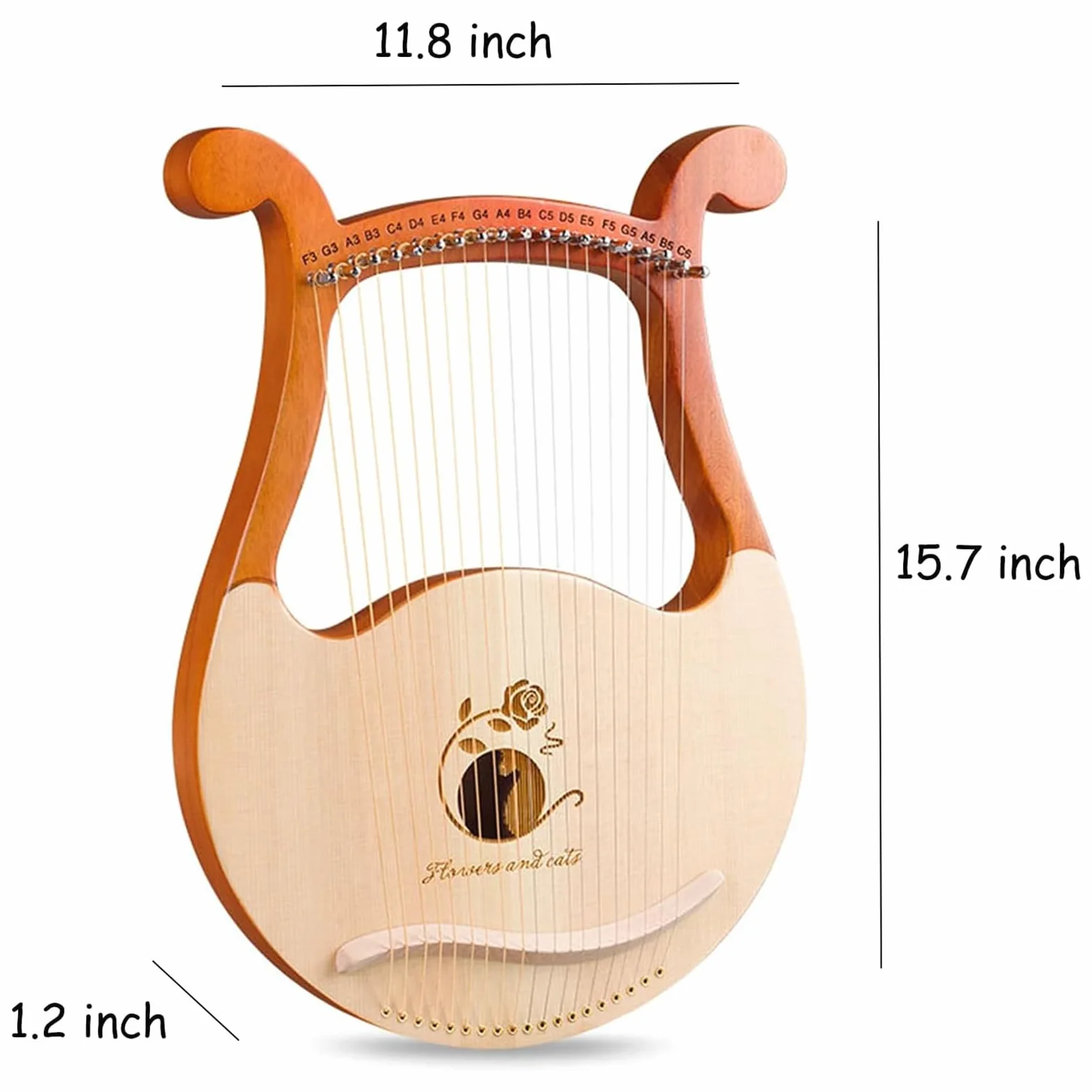 Arpa a lira, strumento musicale portatile a 19 corde, note incise, fori per il suono traforati, corde di ricambio e custodia
