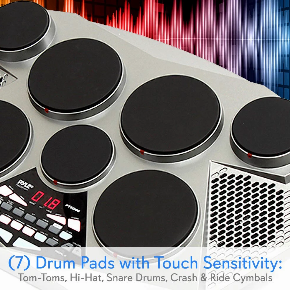 Pyle Pro Electronic Drum Kit - Batteria elettrica portatile da tavolo con pannello digitale, 7 pad per batteria, controller per pedale Hi-Hat/Kick Bass USB AUX - Tom-Toms, Hi-Hat, rullante, piatti