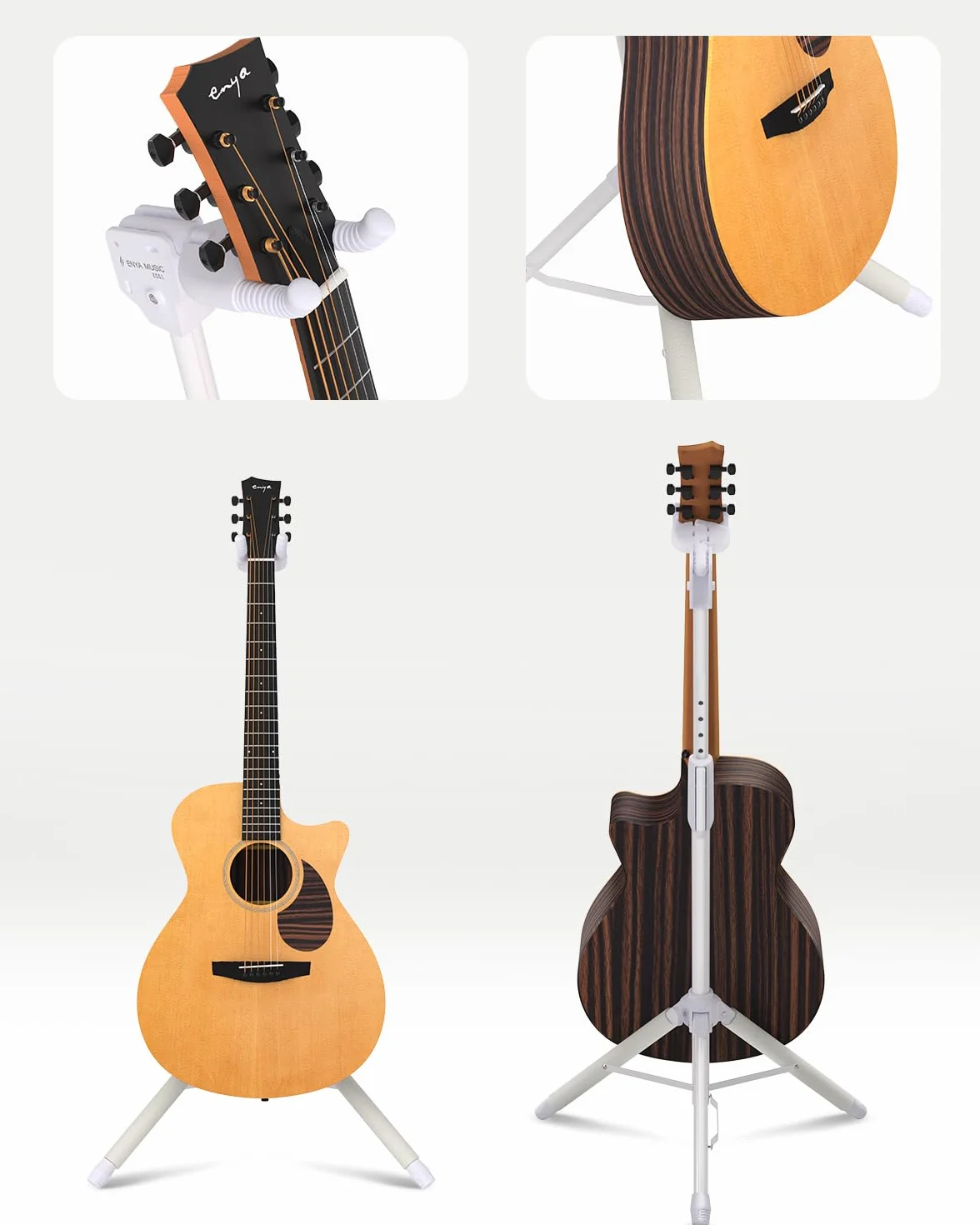 ENYA Supporto per chitarra regolabile (da 76 a 99 cm) con gancio automatico, in acciaio inossidabile, imbottitura antiscivolo e design a tre gambe per chitarre acustiche ed elettriche.