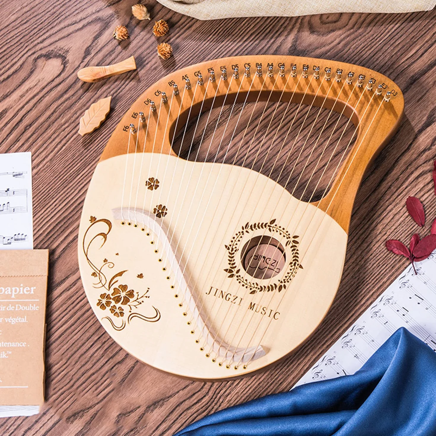 Arpa portatile 24 corde in mogano con custodia, corda ricambio, chiave per l'accordatura, manuale d'uso, strumento musicale lira per amanti della musica e principianti.