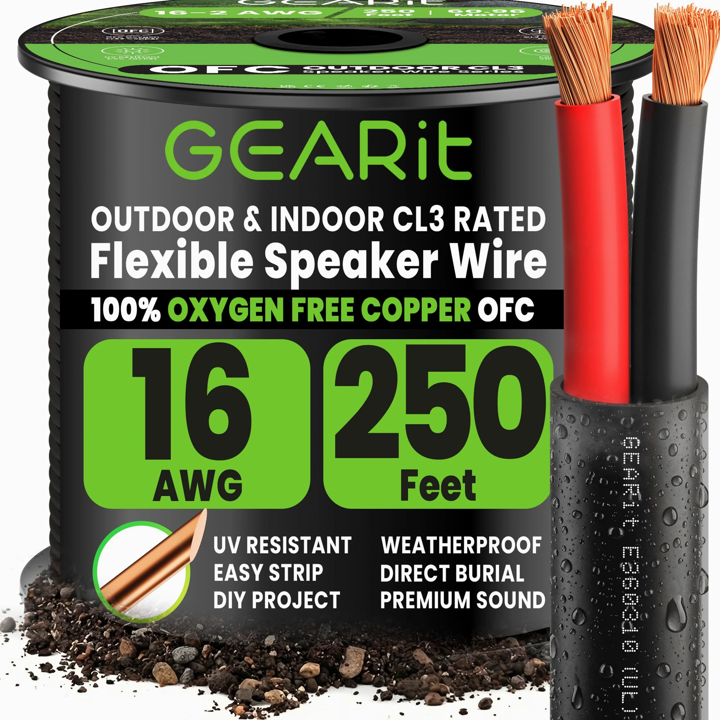 GearIT Cavo per altoparlanti esterni OFC 2 x 1,5 mm≤ (76,2 metri, nero), rame privo di ossigeno, cavo audio Hi-Fi per interramento diretto nel terreno/a parete/CL3 CL2 nominale/2 conduttori – 16 gauge