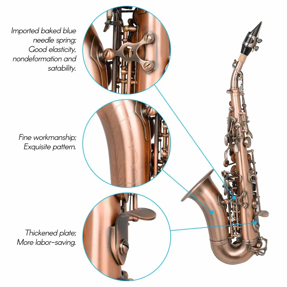 Sassofono soprano,Rosso antico sassofono soprano chiave in Sib Strumento a fiato in ottone Materiale con custodia per il trasporto Supporto per sax Reed Guanti per pulizia Spazzola per stoffa Ci