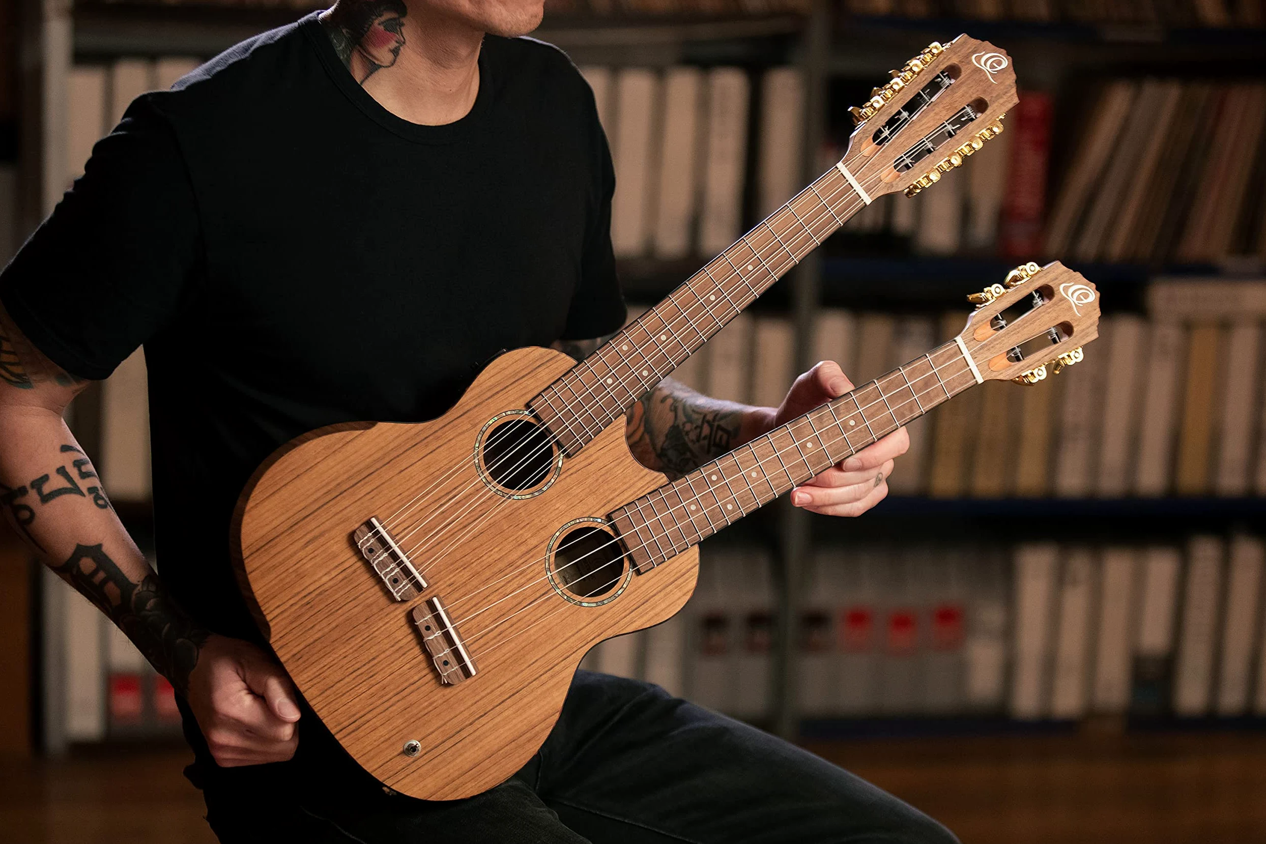 Ortega Guitars Double Neck Ukulele Elettro-Acustico – 8 Corde Tenor, Tenor – Custom Built Series – Gig Bag Inclusa – Ovangkol, Natural (HYDRA)