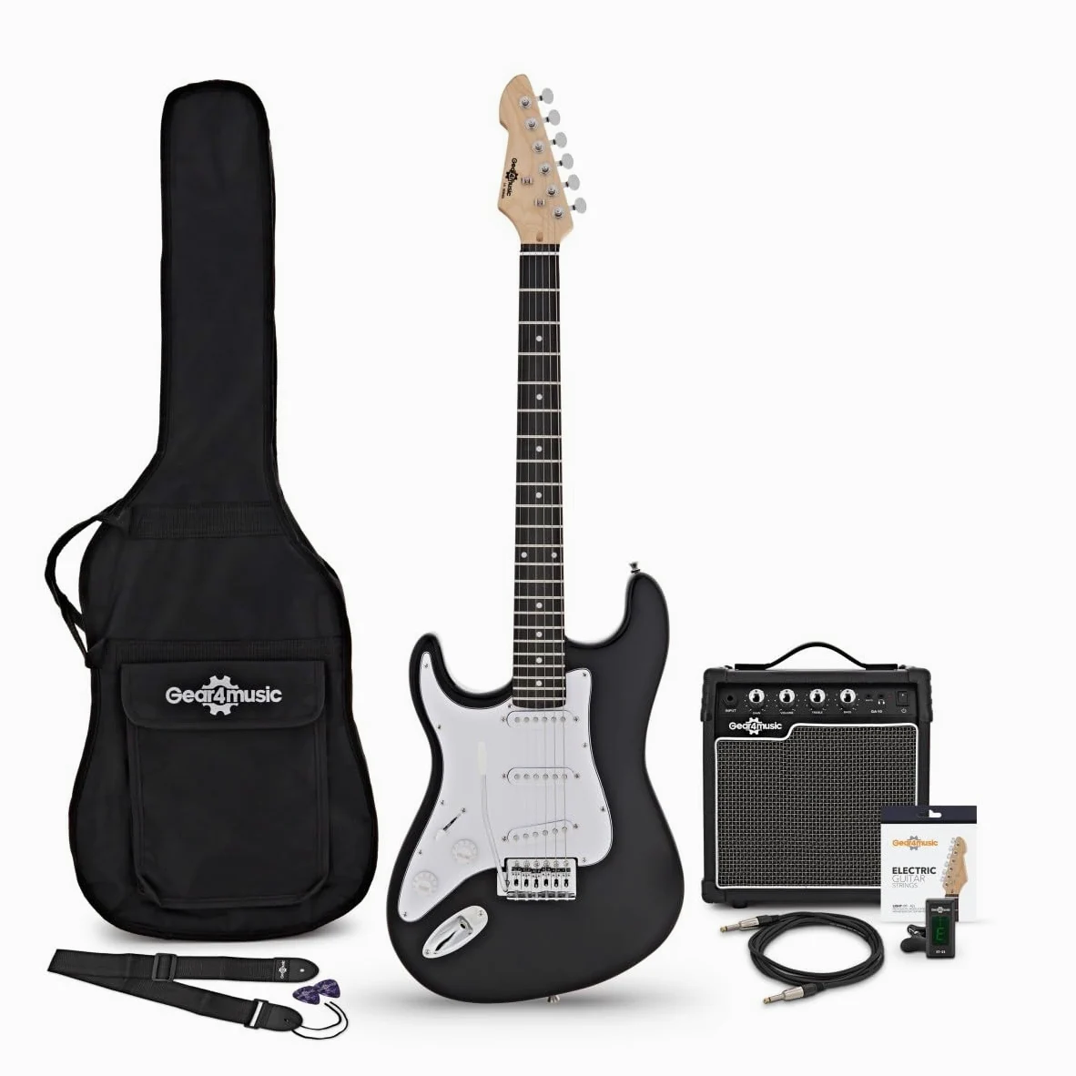 Chitarra Elettrica LA per Mancini + Pacchetto con Amplificatore Nero | Per chitarristi mancini principianti, corpo leggero e comodo, ampli EQ 2 bande con uscita cuffie, accessori inclusi