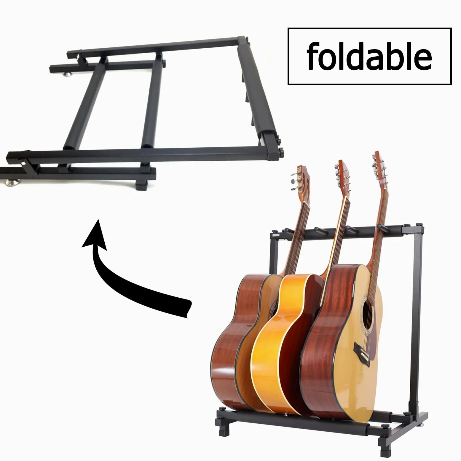 Espositore per chitarra, pieghevole, universale, per 3 chitarre, stabile e durevole, per chitarra acustica, elettrica, basso, facile da installare, nero