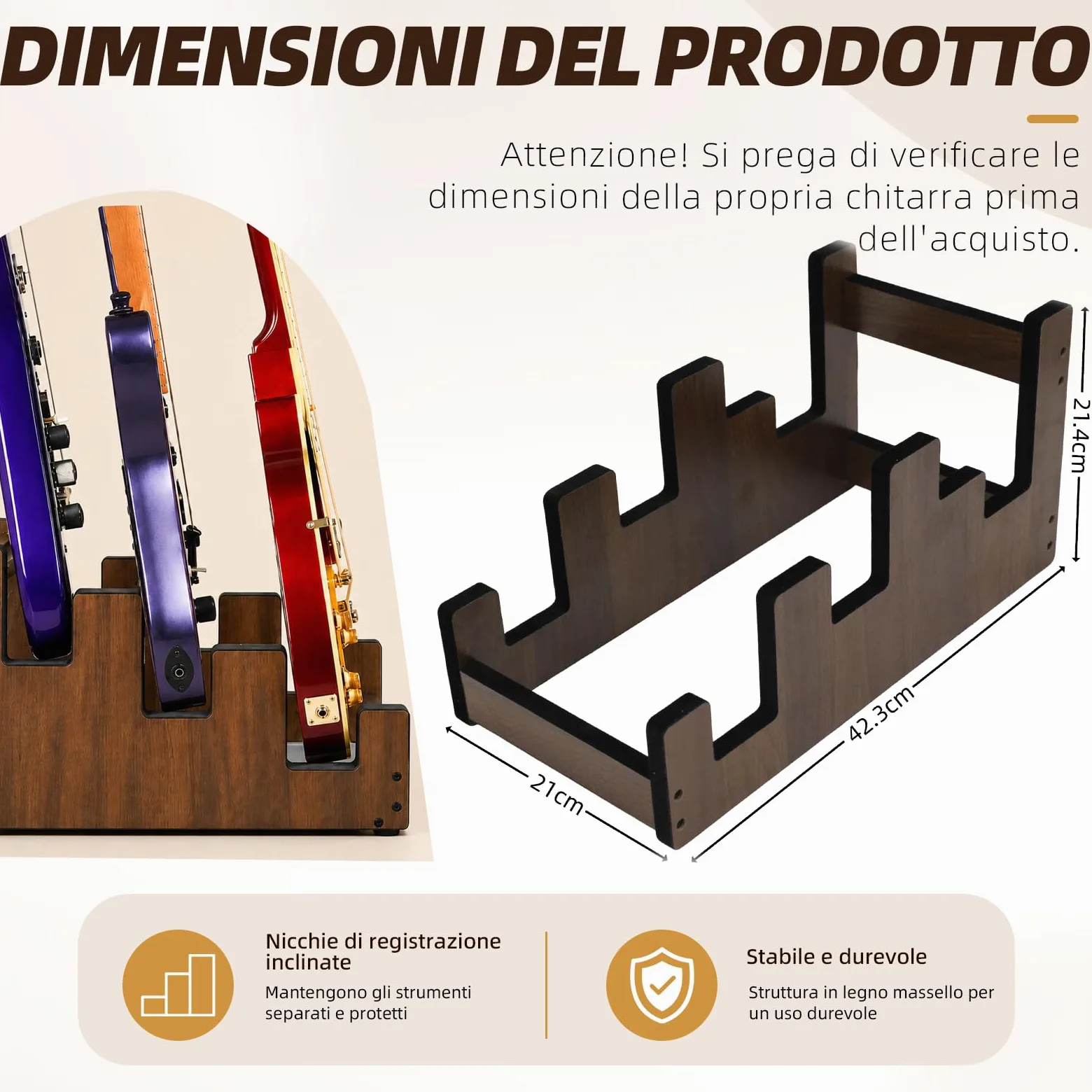 Supporto per chitarra in legno per 2 chitarre elettriche + 1 acustica | Legno massello, livelli scalati, ampia rientranza per chitarra acustica, imbottitura, antiscivolo, risparmio spazio