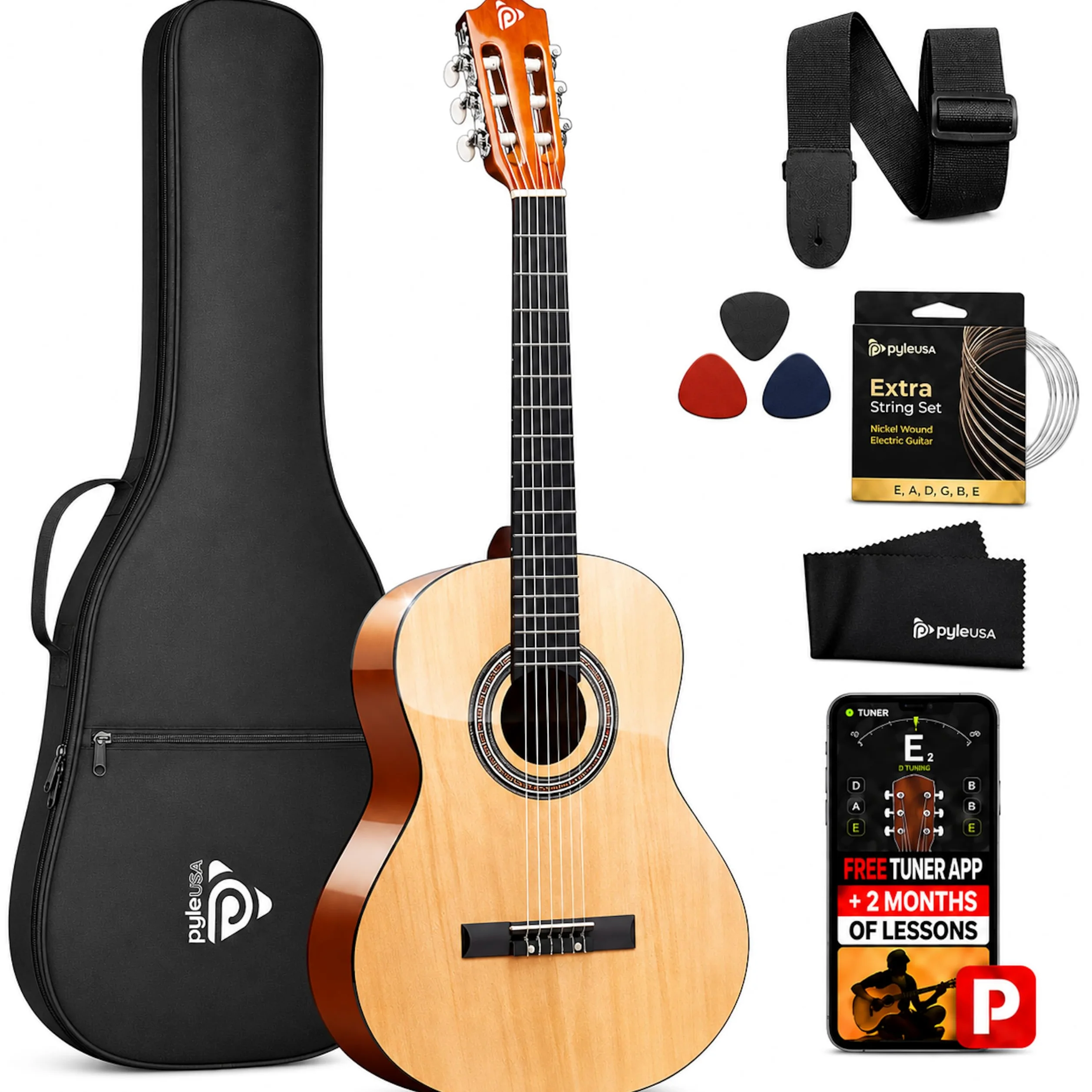 Pyle Kit per chitarra acustica per principianti, 1/2 Junior Size All Wood Instrument con kit di accessori completo, plettri, tracolla, custodia, panno per la pulizia, app accordatore, lezioni di 2