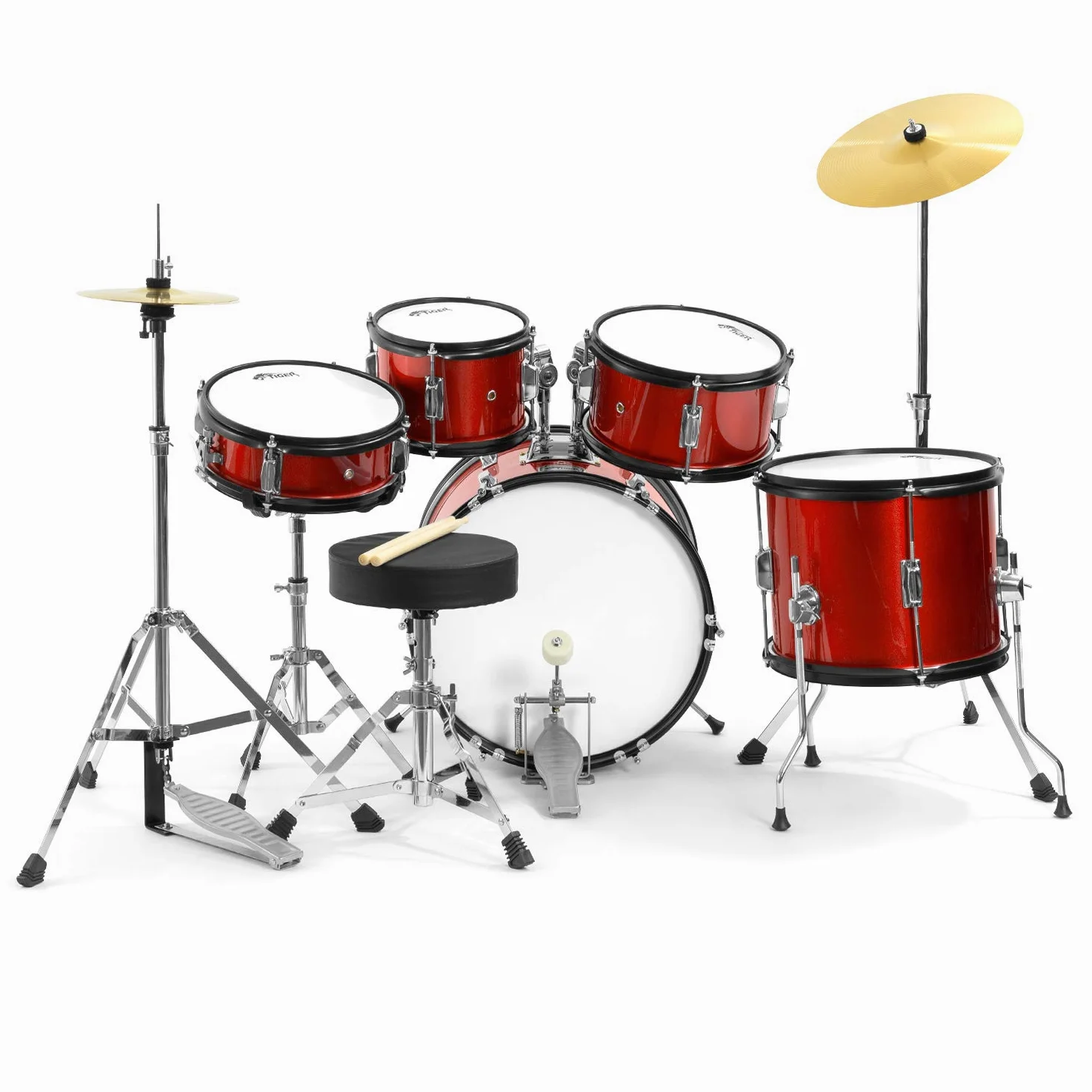 TIGER JDS14-RD - Batteria per ragazzi 5 pezzi, con rullante, tom, basso, pedale, Hi-Hat, piatti crash, bacchette e sgabello - colore rosso