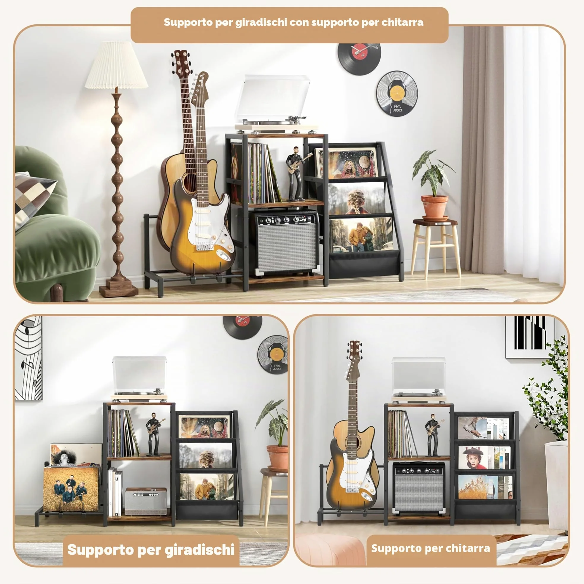Bikoney Supporto Giradischi Vinili, Supporto Chitarra per Acustica, Elettrica e Basso con Supporto Amplificatore, Supporto Giradischi a 3 Livelli Fino a 200 Album, Tavolo Giradischi per Altoparlante