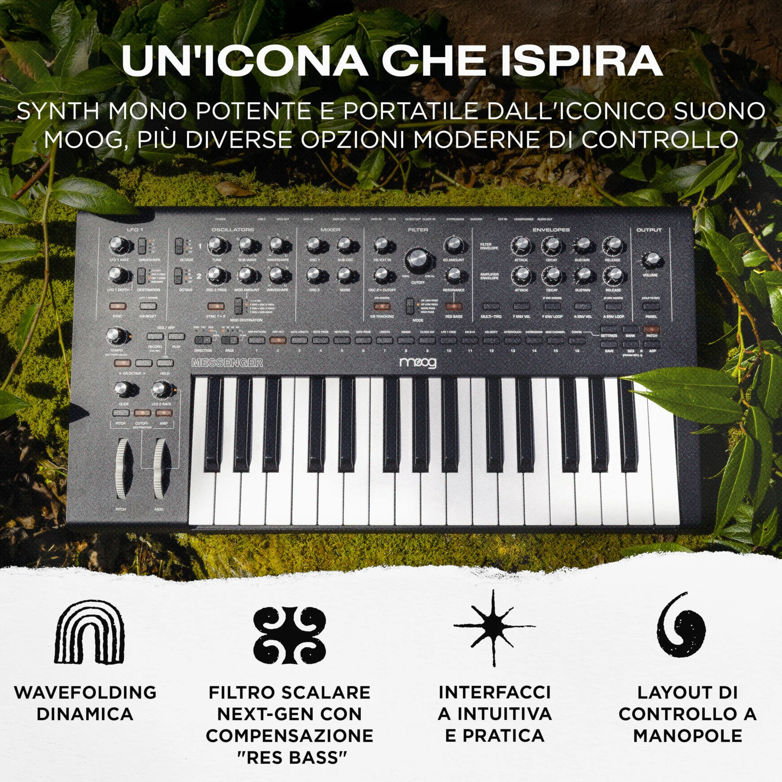 MOOG Messenger - Synth-Tastiera Analogico Monofonico di Nuova Generazione con 32 Note, Sequencer a 64 Step, 256 Preset e Compensazione RES BASS