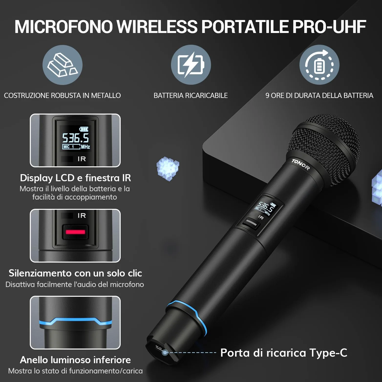 TONOR sistema microfono wireless, microfono ricaricabile professionale, microfono dinamico cordless in metallo 2x100 UHF per karaoke, chiesa, canto, matrimonio, riunione, DJ, Auto Scan, 100M, TW750
