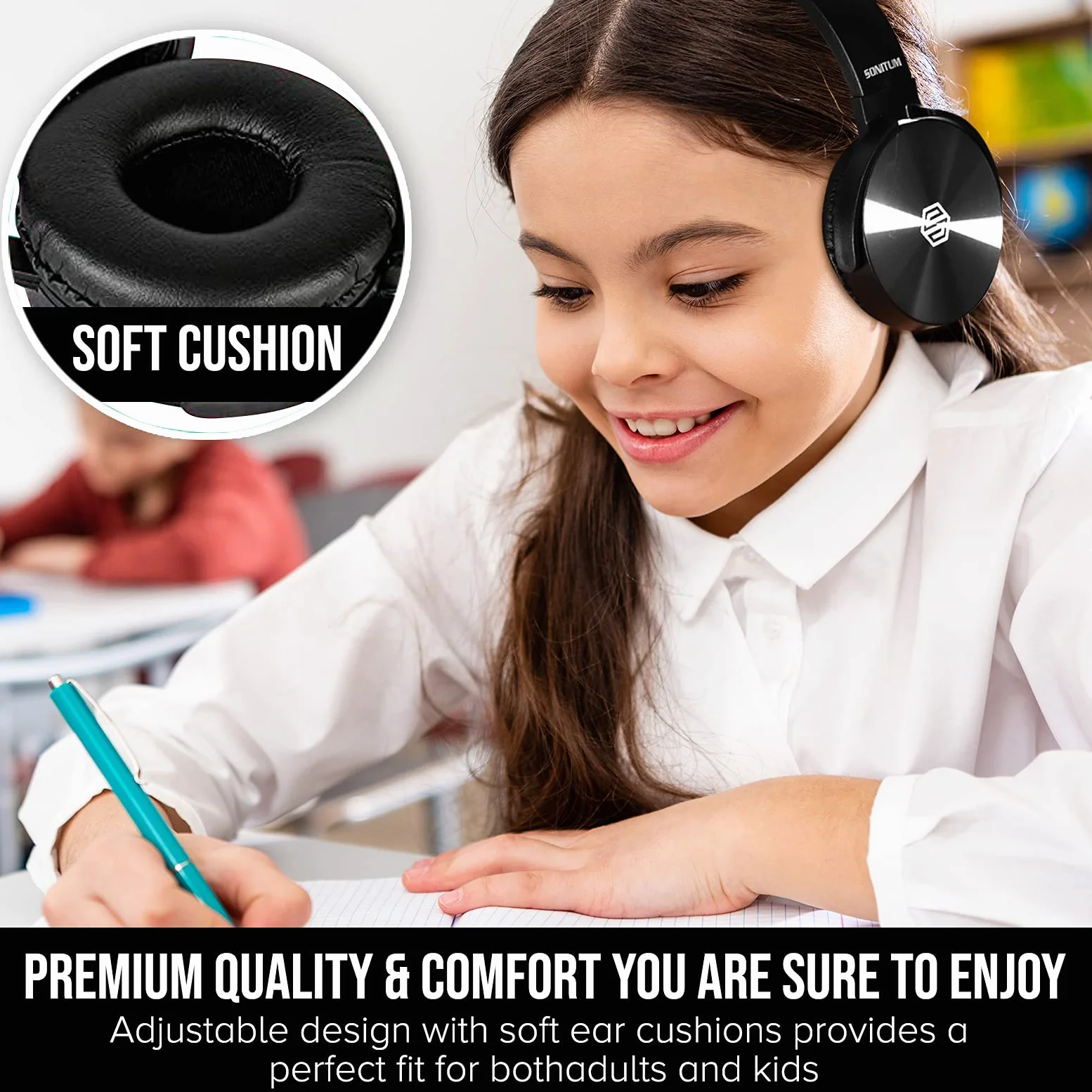 Sonitum - Cuffie da classe, con microfono, confezione da 5 pezzi, jack da 3,5 mm, con microfono e morbidi cuscinetti girevoli per auricolari, perfette per e-Learning, riunioni, chiamate