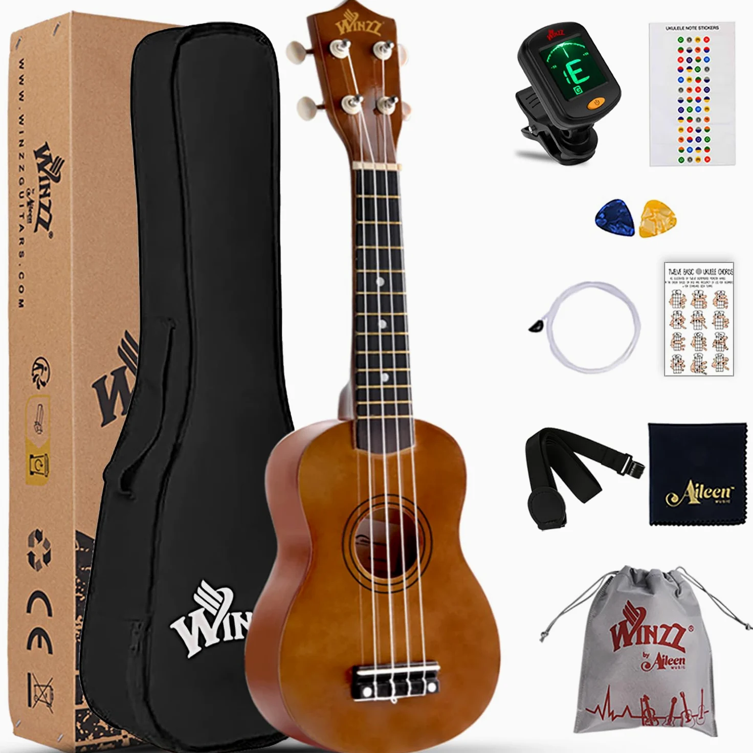 Winzz Ukulele Soprano Legno, Ukulele Bambini, Adulti 21 Pollici, Principianti Kit con 9 Accessori, Scuola Media (Colore: Marrone)