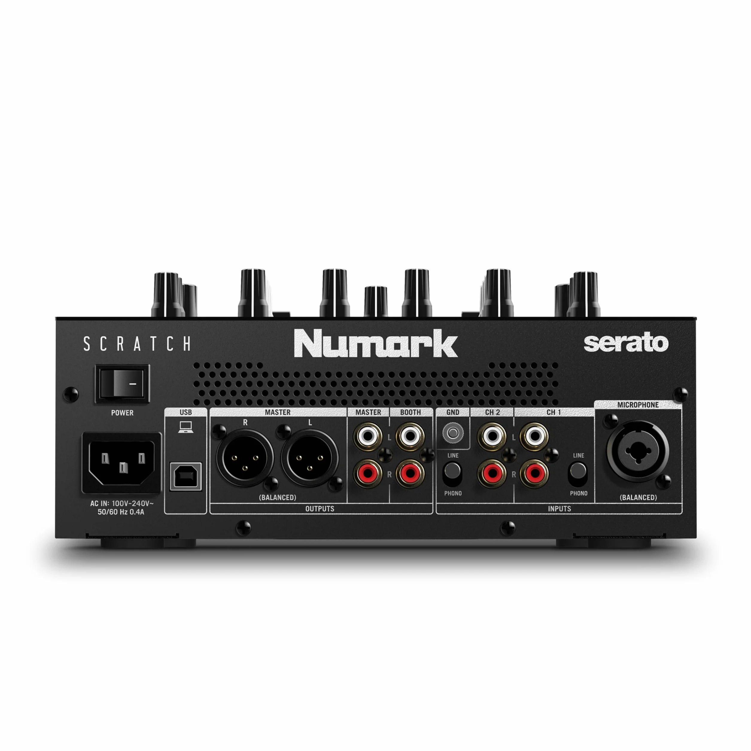 Numark Scratch Mixer Scratch a 2 Canali Per DJ + Serato DJ Pro, Crossfader Innofader, Licenza DVS, 6 Selettori per Effetti, Pad Performance