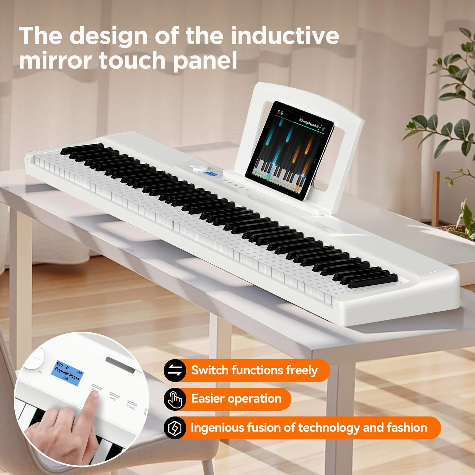 TERENCE 30W Pianoforte digitale Il pianoforte elettronico pieghevole più sottile e leggero Tastiera pesata a 88 tasti Touchpad a specchio Con interfaccia Bluetooth e MIDI Suona stili diversi Bianco