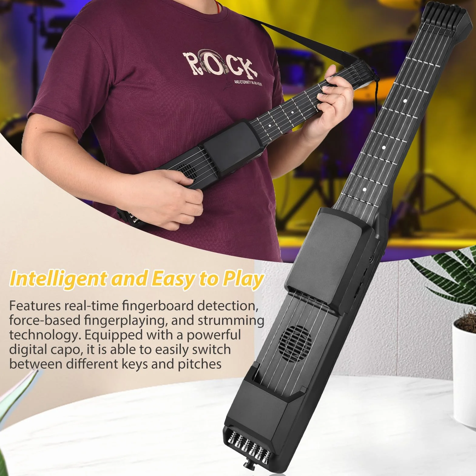 Chitarra Intelligente a 7 Tasti, Chitarra Elettrica da Viaggio Portatile con Sintonizzatore Digitale Metronomo Display LCD AI, per Principianti Pratica Professionale Performance