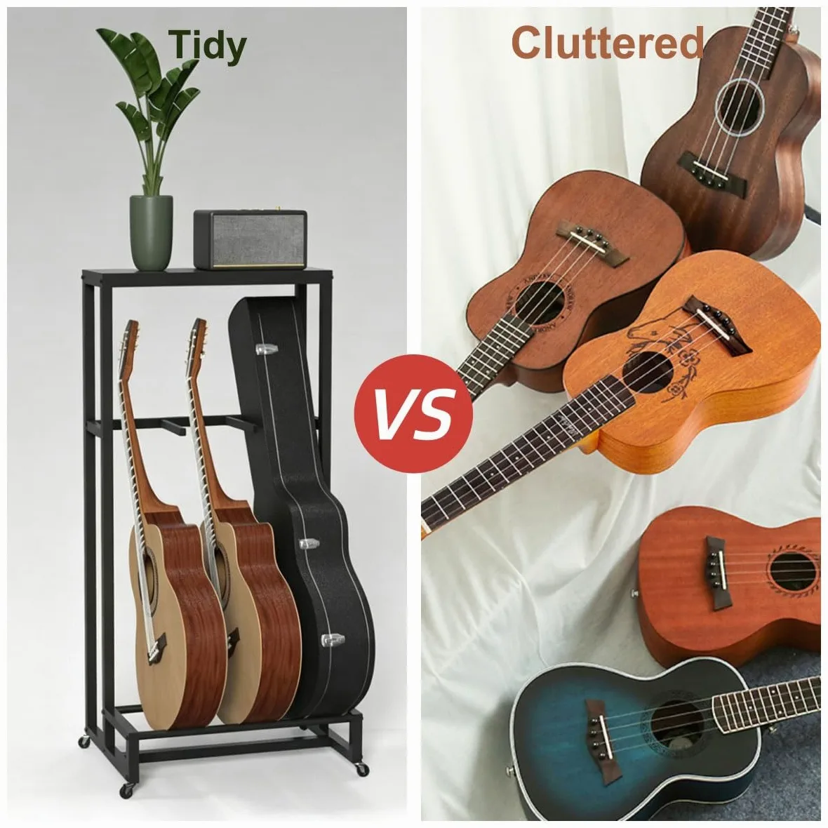 Supporto mobile in metallo per chitarre e accessori per amplificatori | Ospita 3 strumenti a corda, con ripiano superiore, ideale per studi musicali domestici