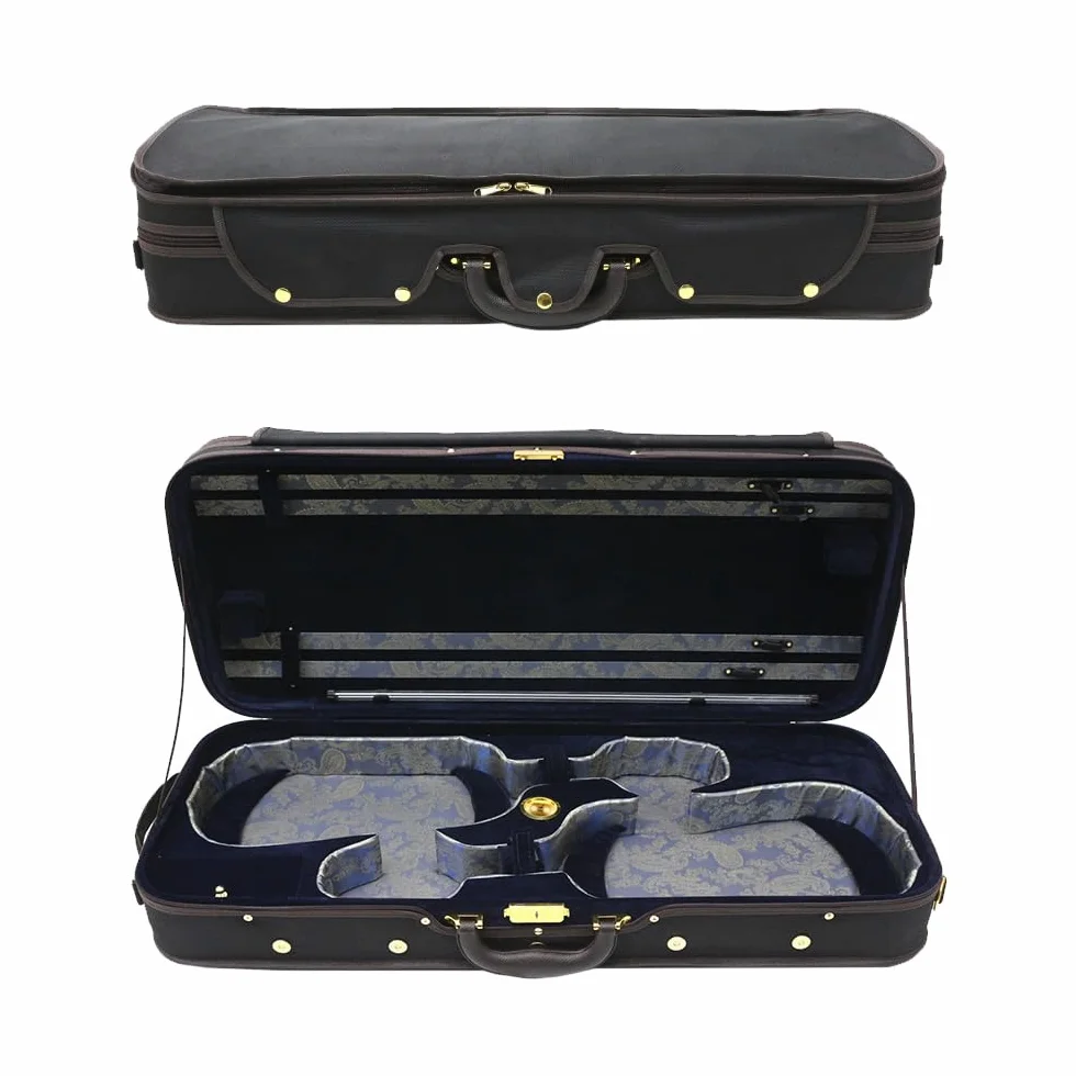 Custodia per violino doppia, in legno, per due violini 4/4, dimensioni standard, in nylon Oxford, interno in seta con cinturino posteriore (interno blu)