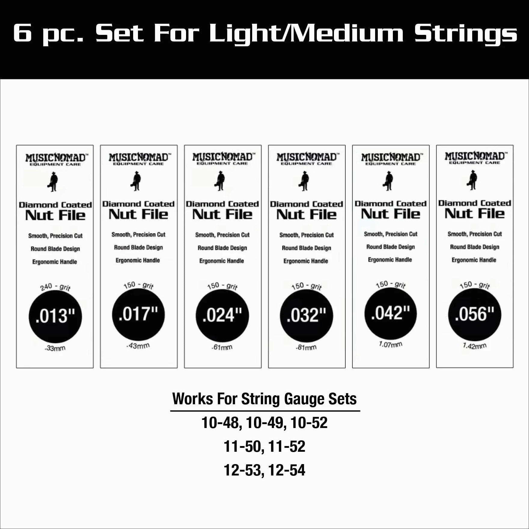 MusicNomad Set di 6 lime per dadi per chitarra acustica, rivestite in diamante, corde medie/leggere (MN670)