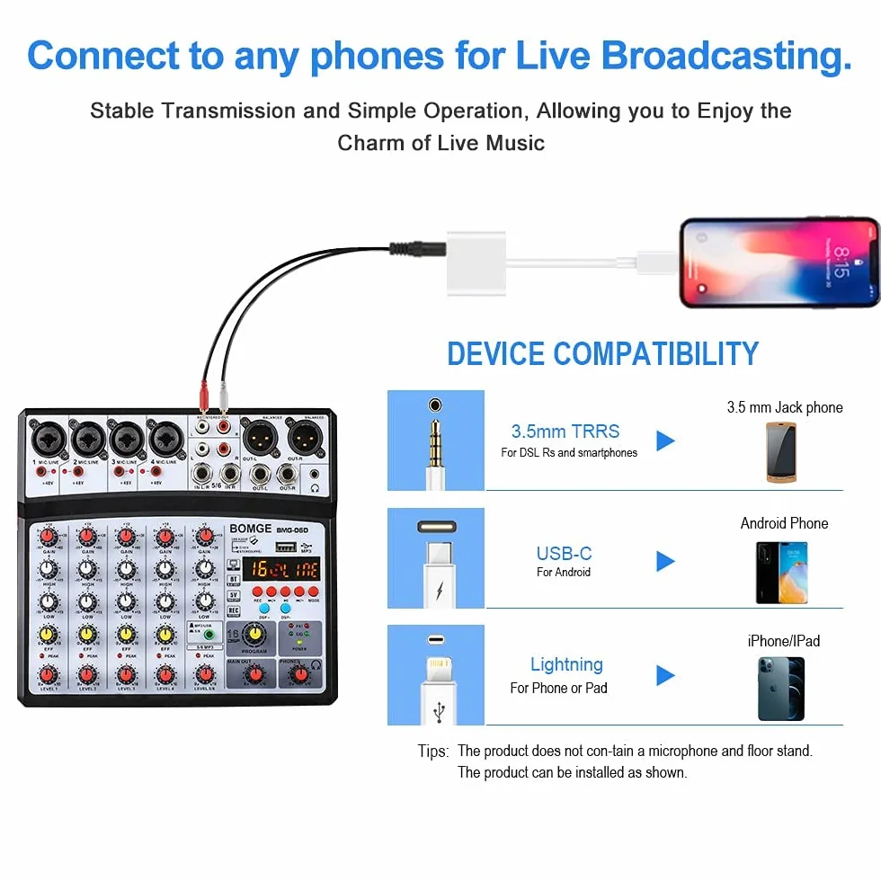 BOMGE Professionale 6 Canali 99DSP DJ Audio Sound Mixer Interfaccia Console di Mixaggio Desktop Karaoke con Ingresso MP3, USB, Ingresso Bluetooth, Registrazione Stereo, Alimentazione Phantom 48V