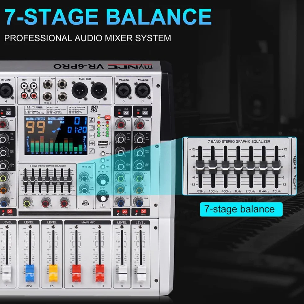 VR-6 PRO Mixer Audio - Amplificatore ad Alta Potenza da 550W x 2, 99 Effetti DSP, Console DJ Audio Bluetooth, Display a Grande Schermo Spettro, Tuner DJ con Riduzione Intelligente del Rumore