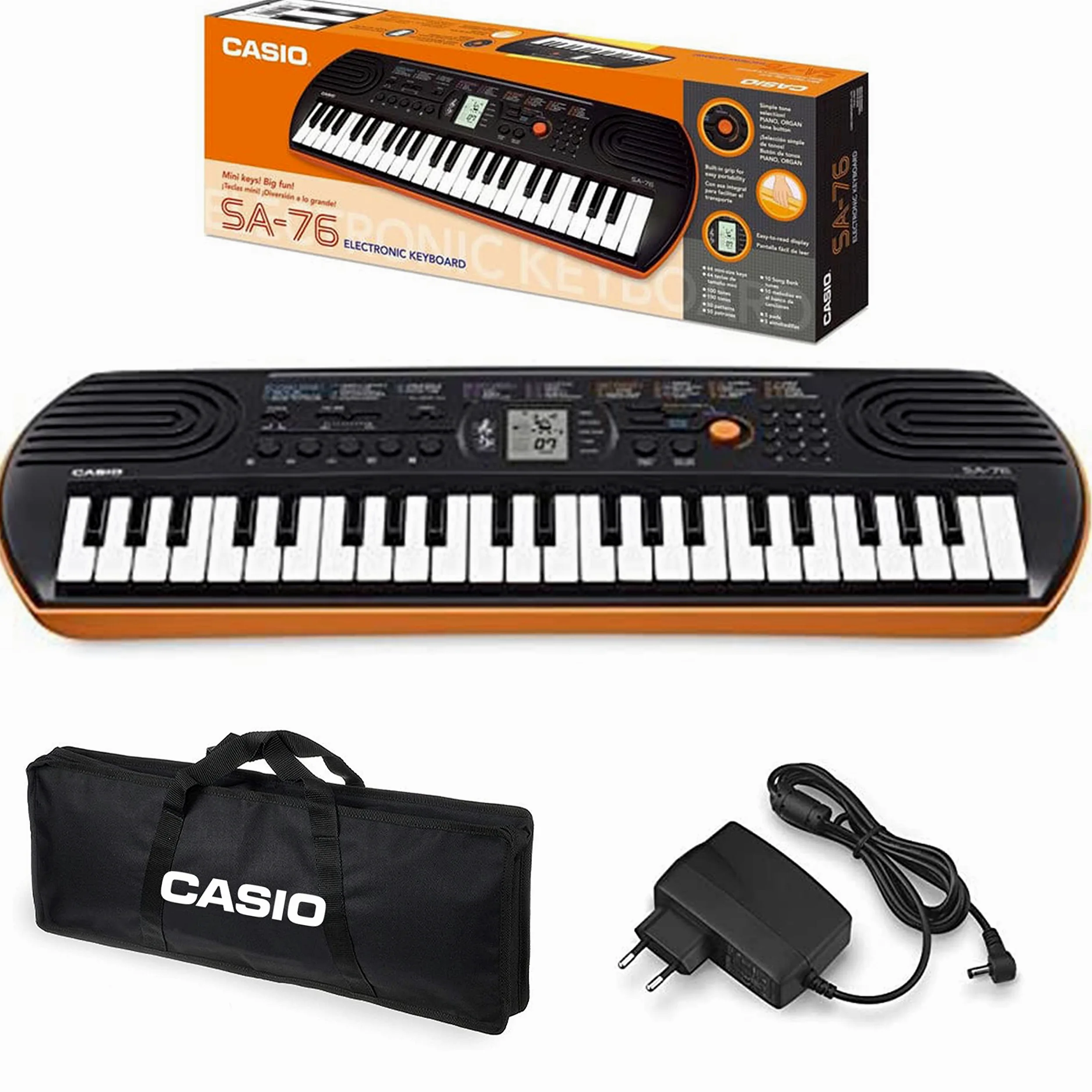 Casio SA-76 Mini Tastiera polifonica 8 Voci 44 Tasti Nera/Arancio + Borsa per Trasporto Originale (non imbottita) + Alimentatore Casio AD-E95100LG, Moderno, Nero