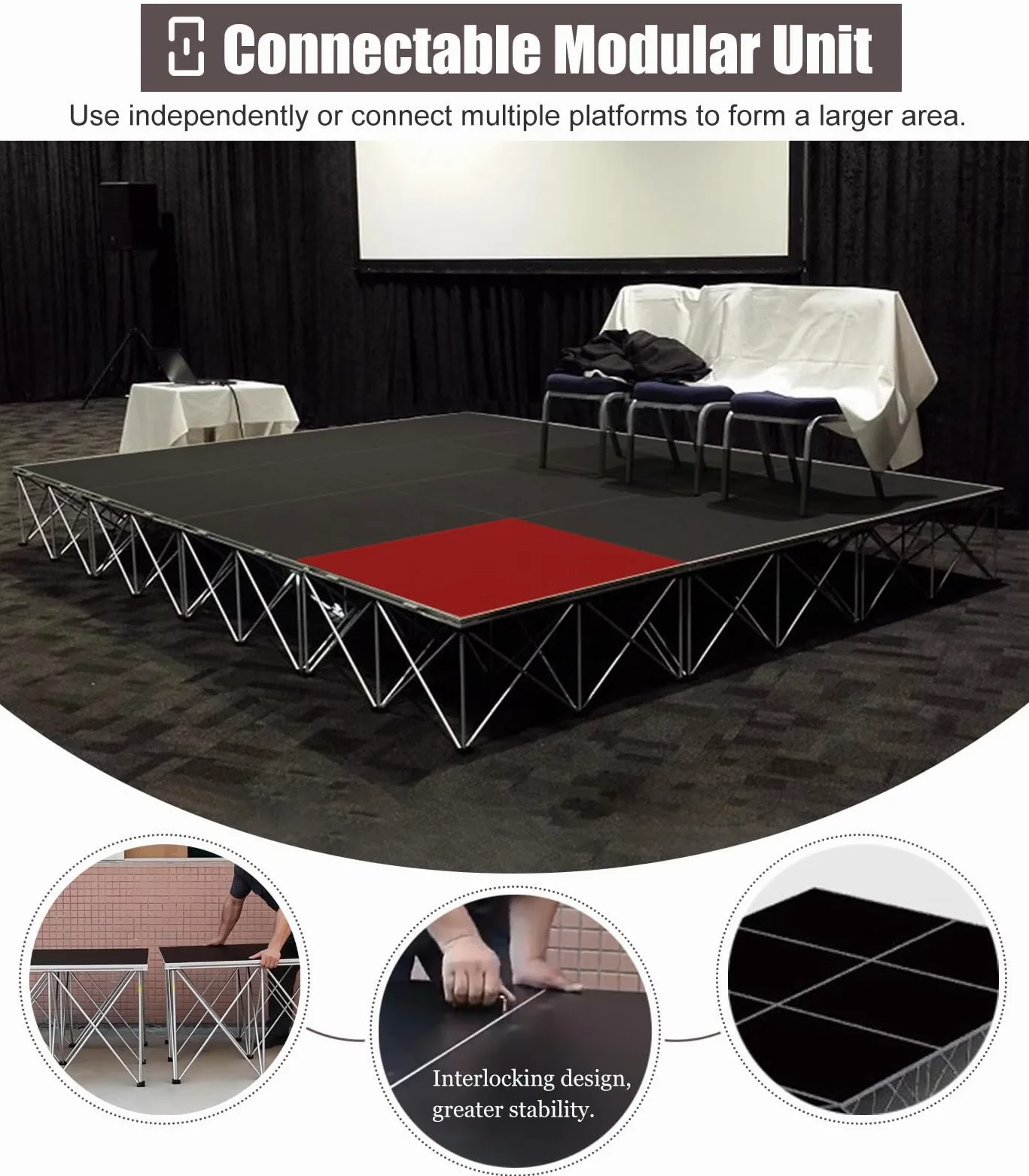 Sollevatore modulare per palcoscenico con battiscopa nero, piattaforma portatile per eventi musicali, supporto pieghevole e staccabile