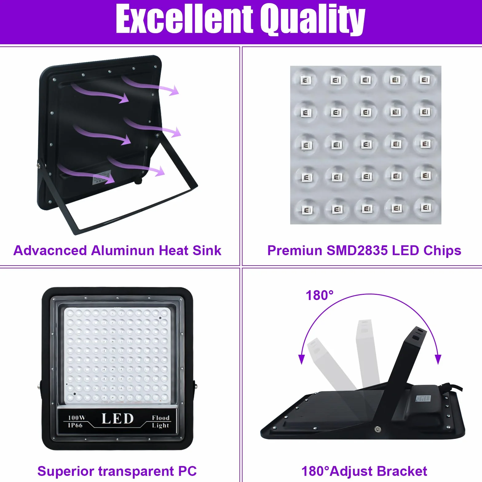 Eleganted Luce Nera UV, 100W Faretto UV LED con Spina, IP66 Impermeabile Faretto Ultravioletta 395-405nm Black light per Festa,Pittura Fluo,Poster Fluorescente,Bar,Halloween,Party,Discoteca