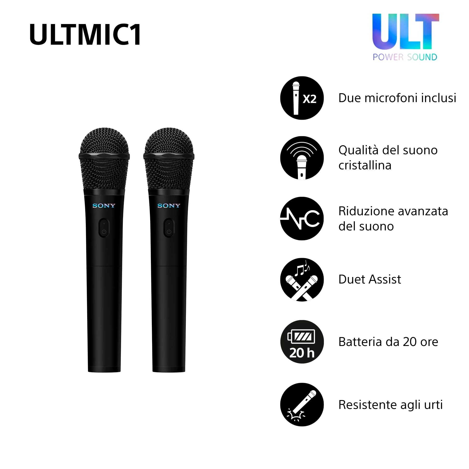 Sony ULTMIC1 - Set di microfoni wireless con 2 microfoni e ricevitore, riduzione avanzata del rumore, Duet Assist, batteria da 20 ore, antiurto, perfetto per la serie ULT POWER SOUND - Black