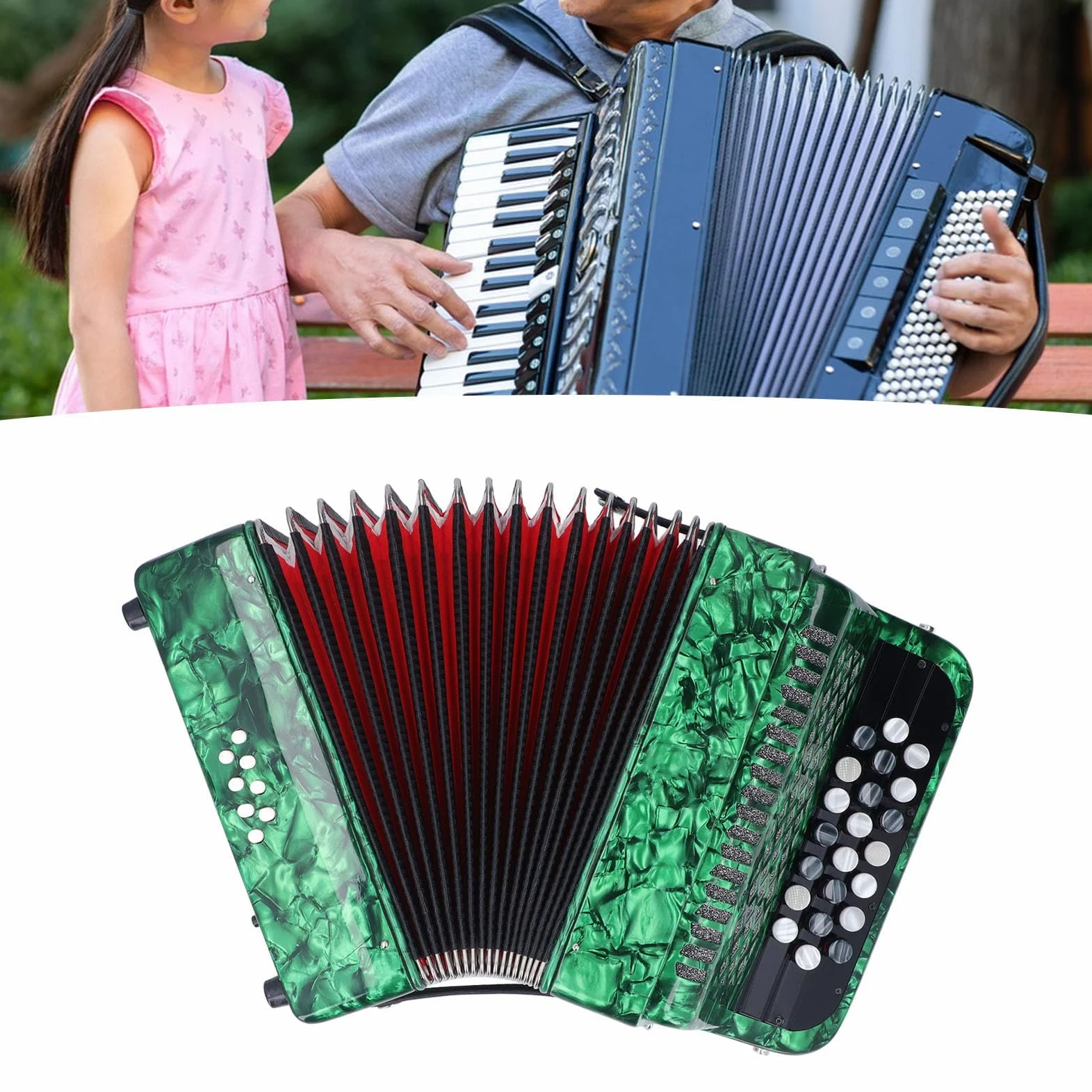 Fisarmonica a 22 tasti e 8 bassi con tasti sensibili antiscivolo per spettacoli/esami professionali, che fornisce un suono ricco, include cinghie e borsa (Green)