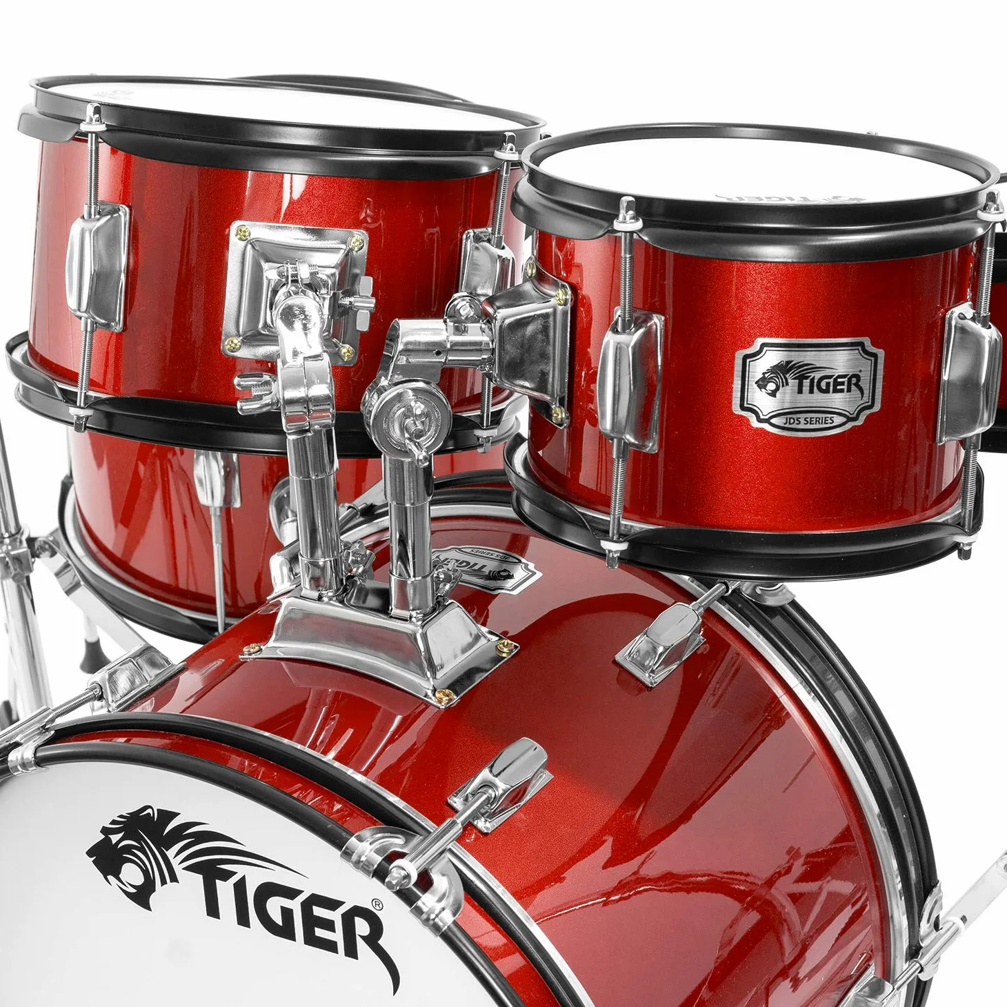 TIGER JDS14-RD - Batteria per ragazzi 5 pezzi, con rullante, tom, basso, pedale, Hi-Hat, piatti crash, bacchette e sgabello - colore rosso